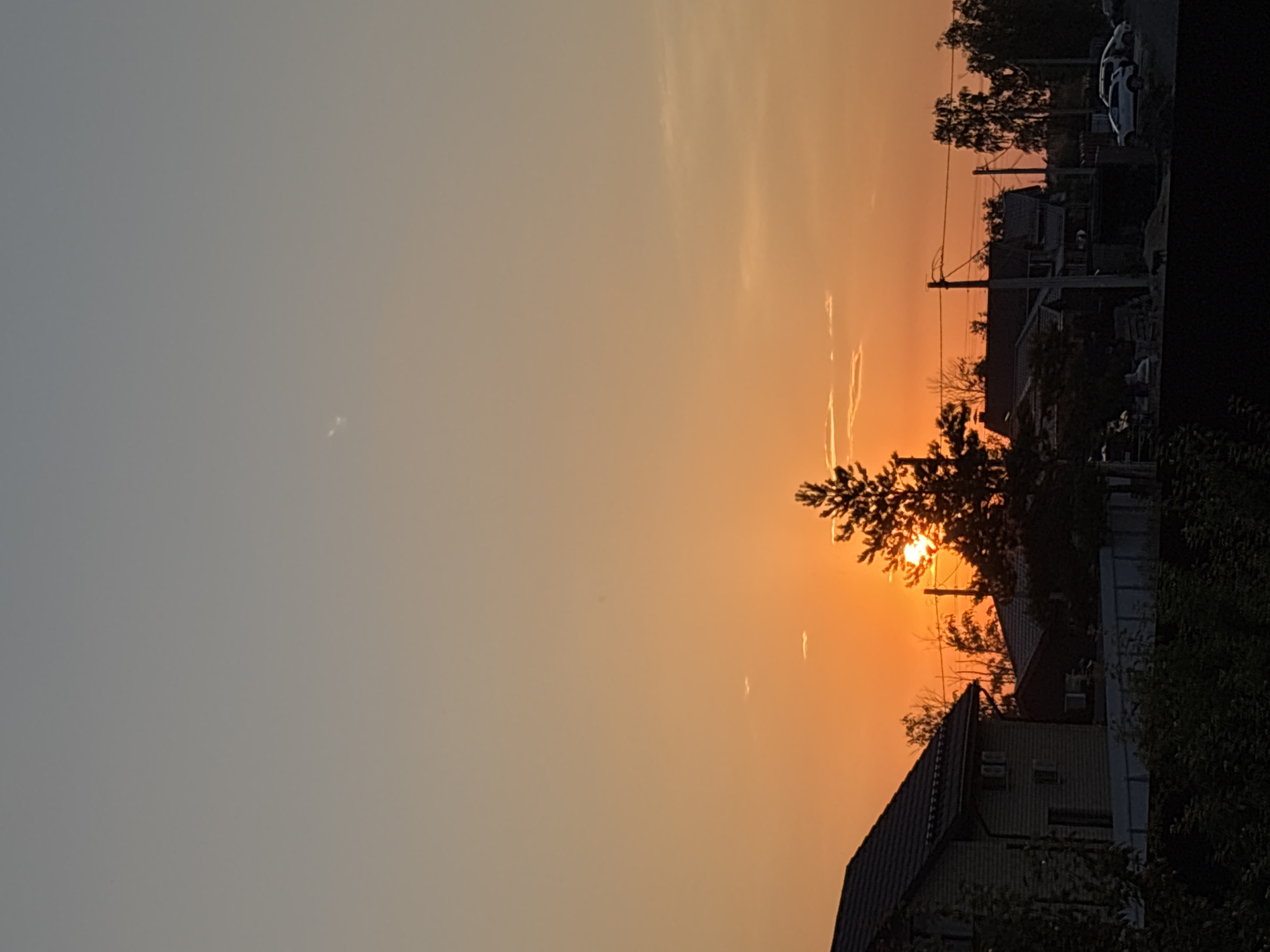 This is a vertical, full-shot photograph taken outdoors during sunset in Alexandrovka, Russia. The sun, partially obscured by tree branches, is setting on the right side of the frame, casting a warm orange glow across the sky. Wispy clouds are visible in the sky. The foreground is dominated by the silhouette of houses and trees. A power line runs horizontally across the image. In the background, two cars are parked on a street next to some houses. The overall mood is peaceful and serene, characteristic of a sunset in a residential area. There is no visible text in the image.