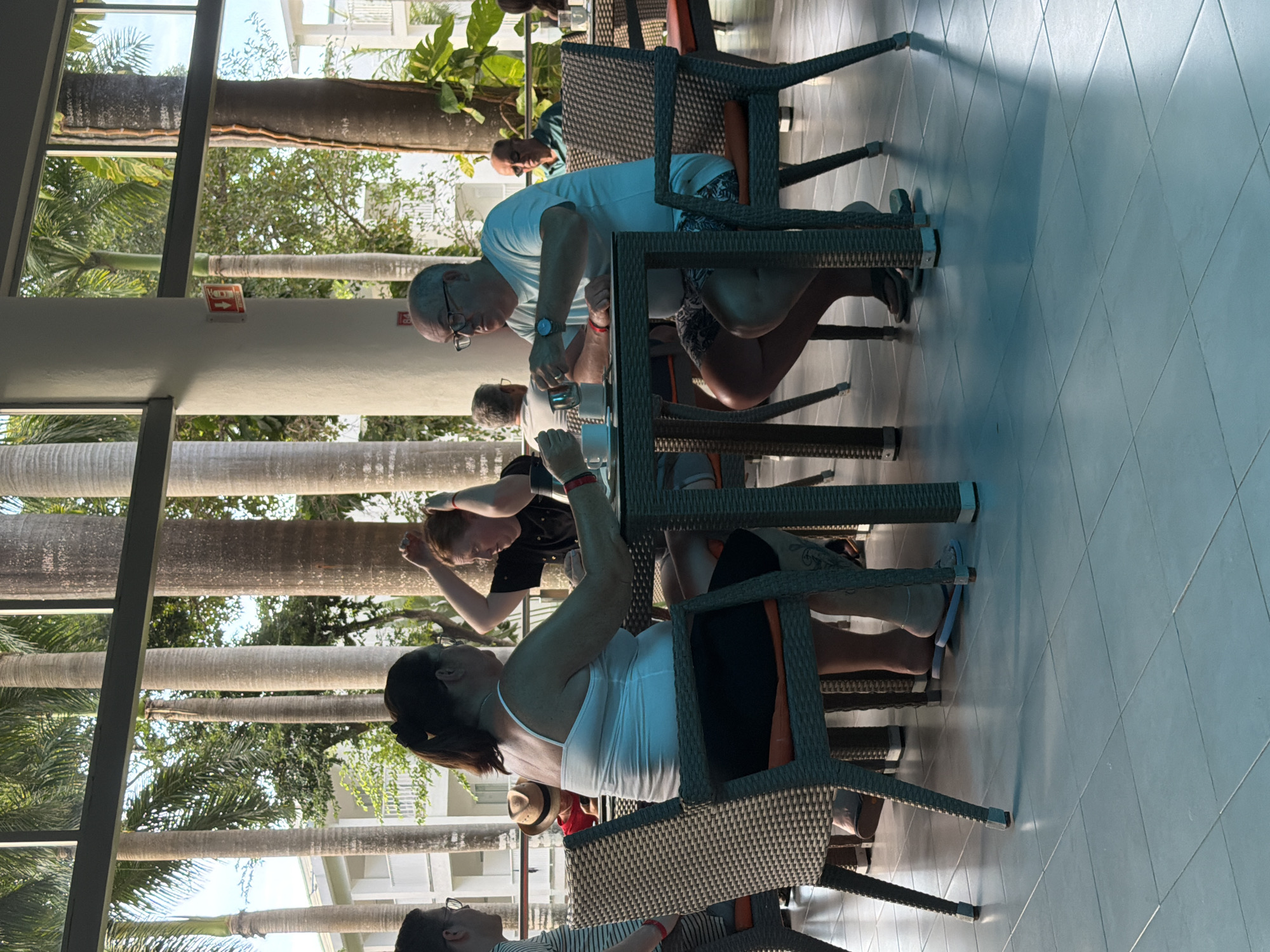A group of people are seated at a table in an indoor, outdoor dining area. The scene is in the city of Playa del Carmen, Mexico. The tables and chairs are made of wicker. Four people are seated at one table. The other people, including the woman with a straw hat, are seated at the other table. They appear to be engaging in conversation while making drinks. The scene is illuminated by natural light. Palm trees are visible through the window.