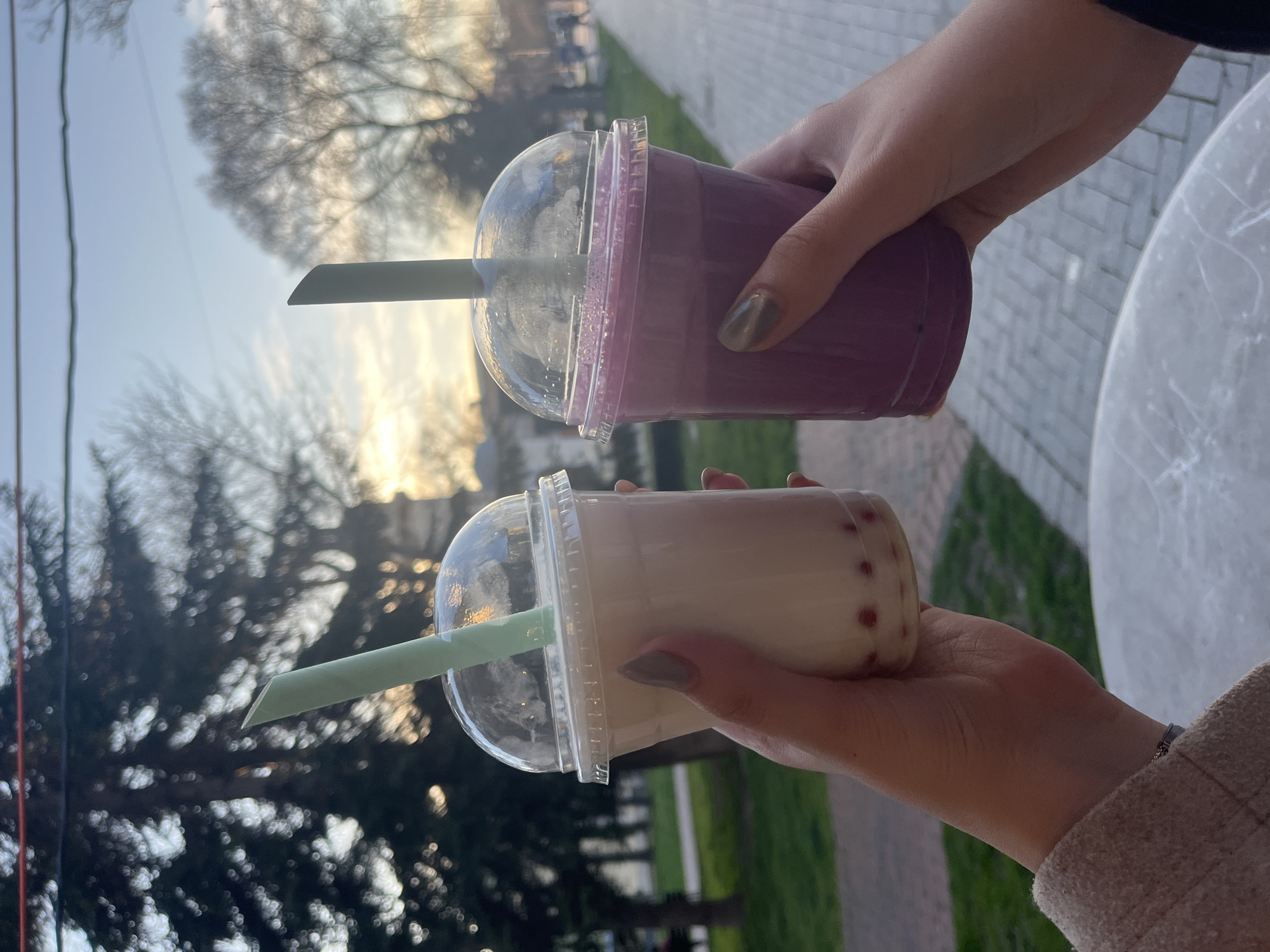 Two hands hold two boba teas, one purple and one white. Both drinks have green straws. The drinks appear to be outside, near a city environment. There are trees in the background and what may be a street with a sidewalk. A table can be seen at the edge of the image. Given the location mentioned, the location could be Varna, Bulgaria.