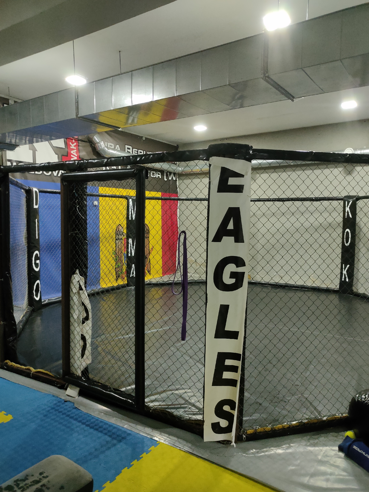 The image shows an indoor MMA (Mixed Martial Arts) cage, likely located in Comrat, Moldova. The cage is octagonal and enclosed by black metal fencing. Inside the cage, the floor appears to be gray matting. On the outside of the cage, several banners are visible. To the left, a banner with white lettering on a black background reads "D I G O". Further to the left, behind the cage, a large banner with a blue, yellow, and red stripe pattern, reminiscent of the Moldovan flag, is visible. To the right of the cage entrance, a long vertical banner with black lettering on a white background spells out "EAGLES". On the far right side of the cage, a black banner with white lettering reads "K O K". The overall environment appears to be a sports facility, with fluorescent lighting fixtures and ventilation ducts visible on the ceiling. The floor outside the cage is covered with blue and yellow interlocking mats. A purple jump rope is hanging from the cage on the right side.