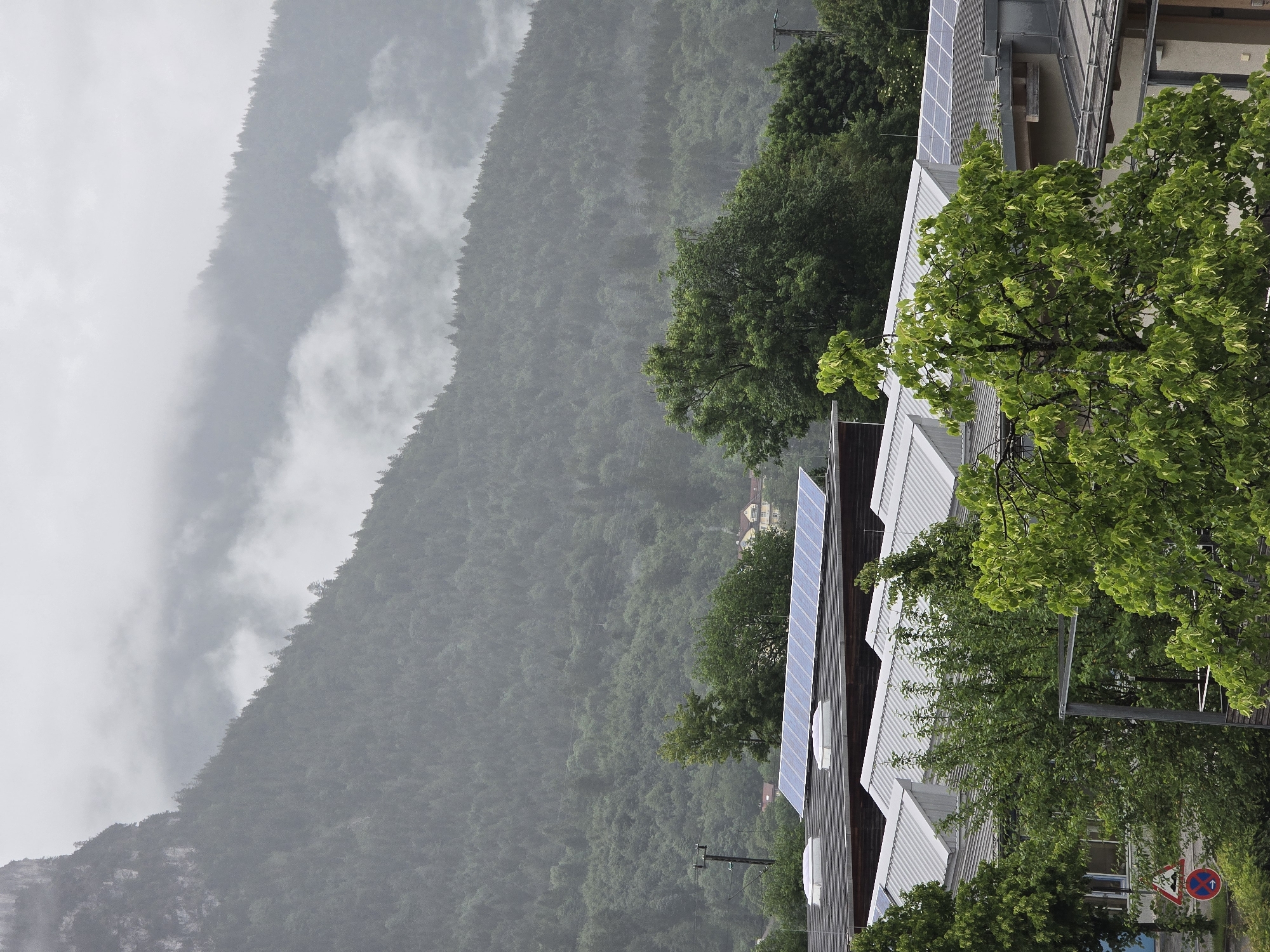 The image depicts a view of the Alps in Garmisch-Partenkirchen, Germany, under a cloudy sky. In the foreground, several modern buildings with angled, silver roofs are visible. Some of these roofs are equipped with rows of blue solar panels. Trees with lush green foliage are interspersed between and in front of these buildings. To the left, a street sign with a red circle and a diagonal line over a red cross, indicating a prohibition, and a blue directional arrow pointing right is partially visible. In the background, a densely forested mountain slopes upwards, partially obscured by fog and low-lying clouds. The upper reaches of the mountain are rocky and steep, with more fog clinging to its peaks. The overall atmosphere is muted due to the overcast weather.