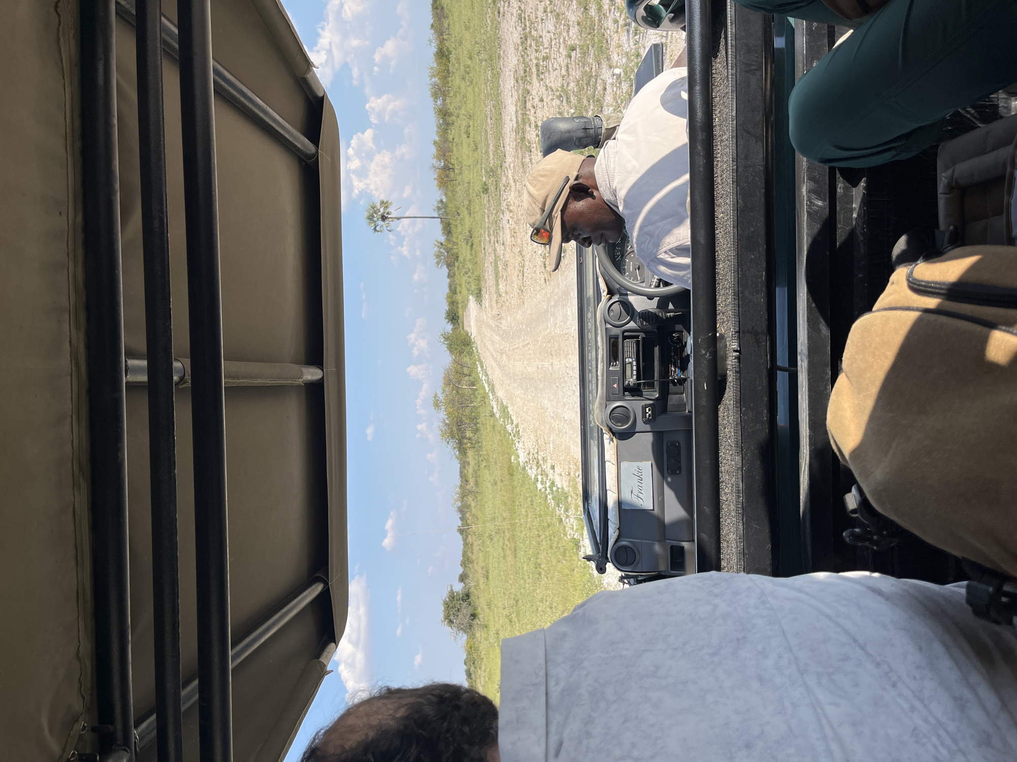 The image depicts the interior of an open-air safari vehicle, likely a Land Rover or similar off-road vehicle, from the perspective of a passenger. The driver, a Black man wearing a tan hat and light-colored shirt, is visible in the driver's seat, focused on driving. The vehicle is traveling along a dirt road through a grassy, savannah-like environment with scattered trees, typical of the landscape in Botswana. A tall palm tree is visible in the distance. Other passengers are partially visible, including someone in green pants and another person wearing a white or light-colored shirt. The vehicle has a canvas roof supported by a metal frame. Based on the description of the location, this could be a safari in the vicinity of Gucta, Botswana.