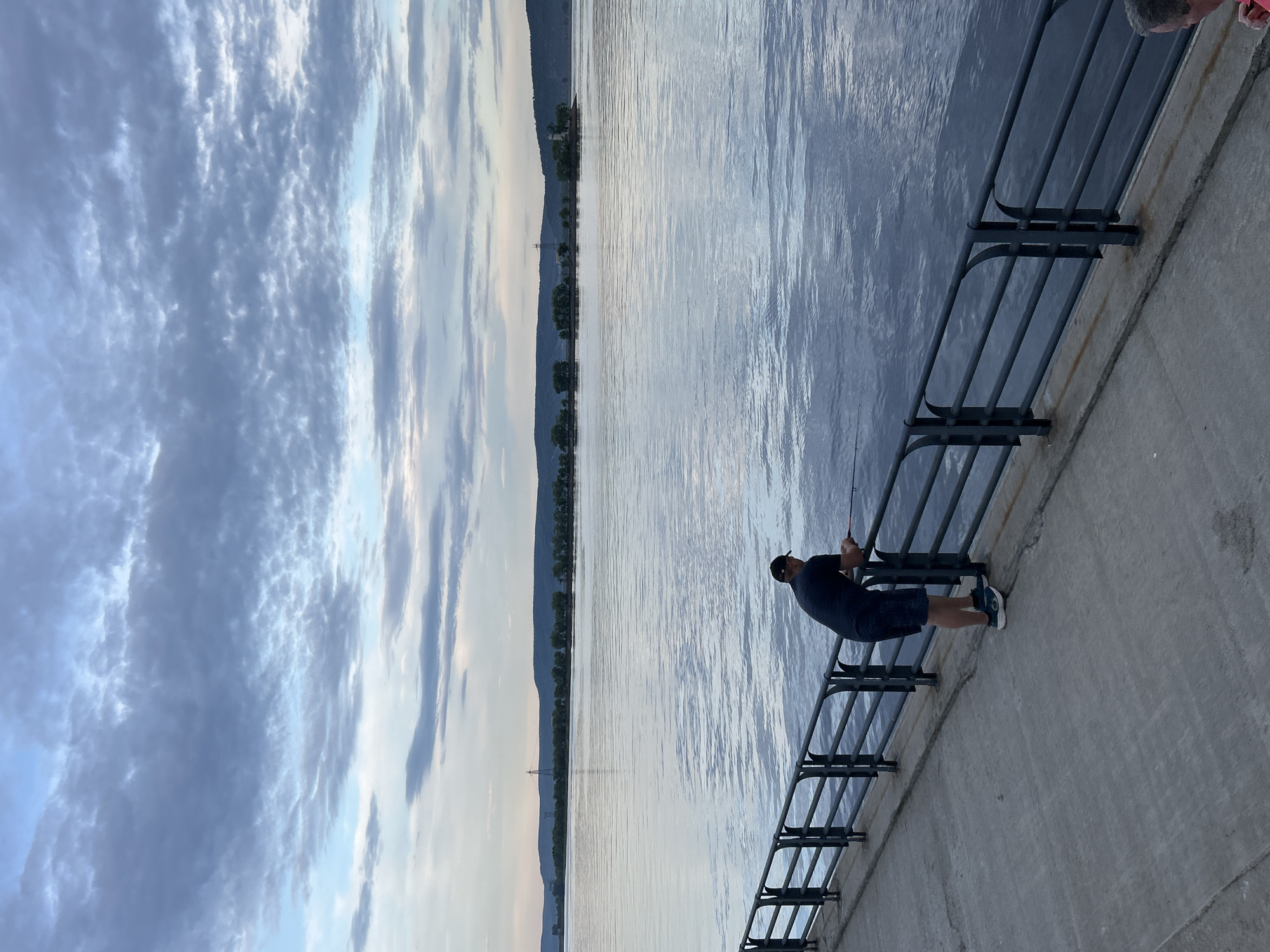 The image depicts a man fishing from a concrete promenade overlooking a wide body of water. He is dressed casually in a dark t-shirt and shorts, wearing a baseball cap and athletic shoes. The man is leaning against a dark metal railing, holding a fishing rod that extends towards the water. The water is calm with gentle ripples reflecting the sky.
In the background, a distant shoreline is visible, lined with trees and a few structures, including what appears to be a transmission tower. Mountains or hills form a silhouette against the horizon, partially obscured by haze. The sky is filled with dramatic clouds, suggesting either early morning or late evening light. The overall atmosphere is peaceful and serene, with a sense of quiet focus on the activity of fishing. There is no visible text in the image. The scene is likely set in Tolyatti, Russia, given the provided location context.