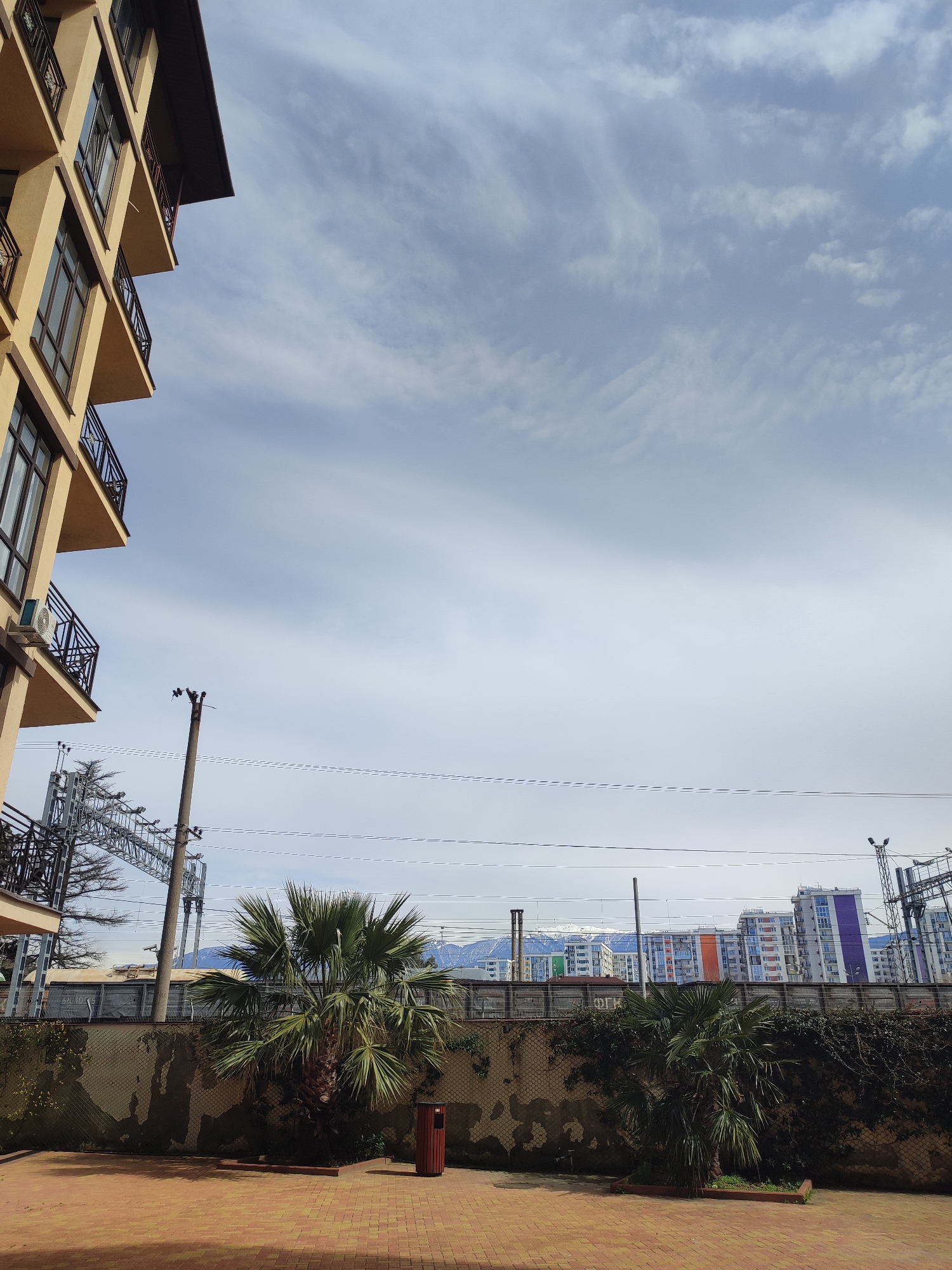 The image shows a view of a courtyard or patio area in Sochi, Russia. To the left is a multi-story building with balconies. A power pole and electrical lines are visible in the middle ground. A low wall covered with vines and two palm trees are centered in the shot. Behind the wall are several high-rise buildings and snow-capped mountains in the distance. The sky is partially cloudy. The ground is brick paved.