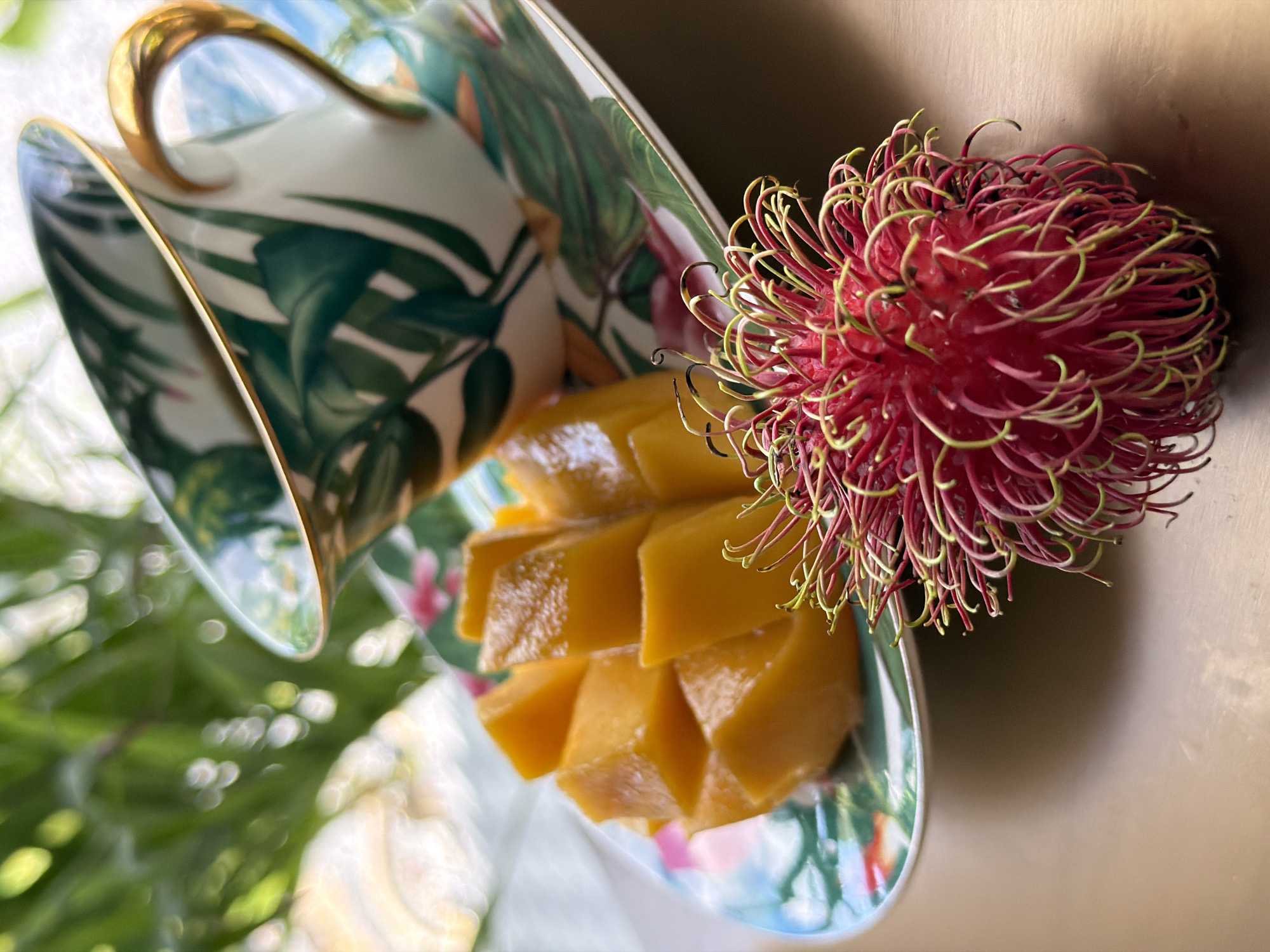 A close-up shot captures a tropical still life on a light brown surface, likely a table. In the foreground, a vibrant red rambutan fruit with soft, spiky tendrils rests on its side. To its right and slightly behind, a bright orange mango, meticulously diced into a fan shape, is presented on a decorative plate. The plate is adorned with a tropical foliage pattern, featuring green leaves and hints of pink and blue. A white teacup, also decorated with matching green leaves and featuring a golden rim and handle, sits on the plate. The background is softly blurred, showing lush green foliage, hinting at an outdoor or natural setting, possibly in Baan Bo Phut, Thailand, given the tropical fruits. The lighting is soft and natural, highlighting the textures and colors of the fruits and tableware. No people are visible in the scene.