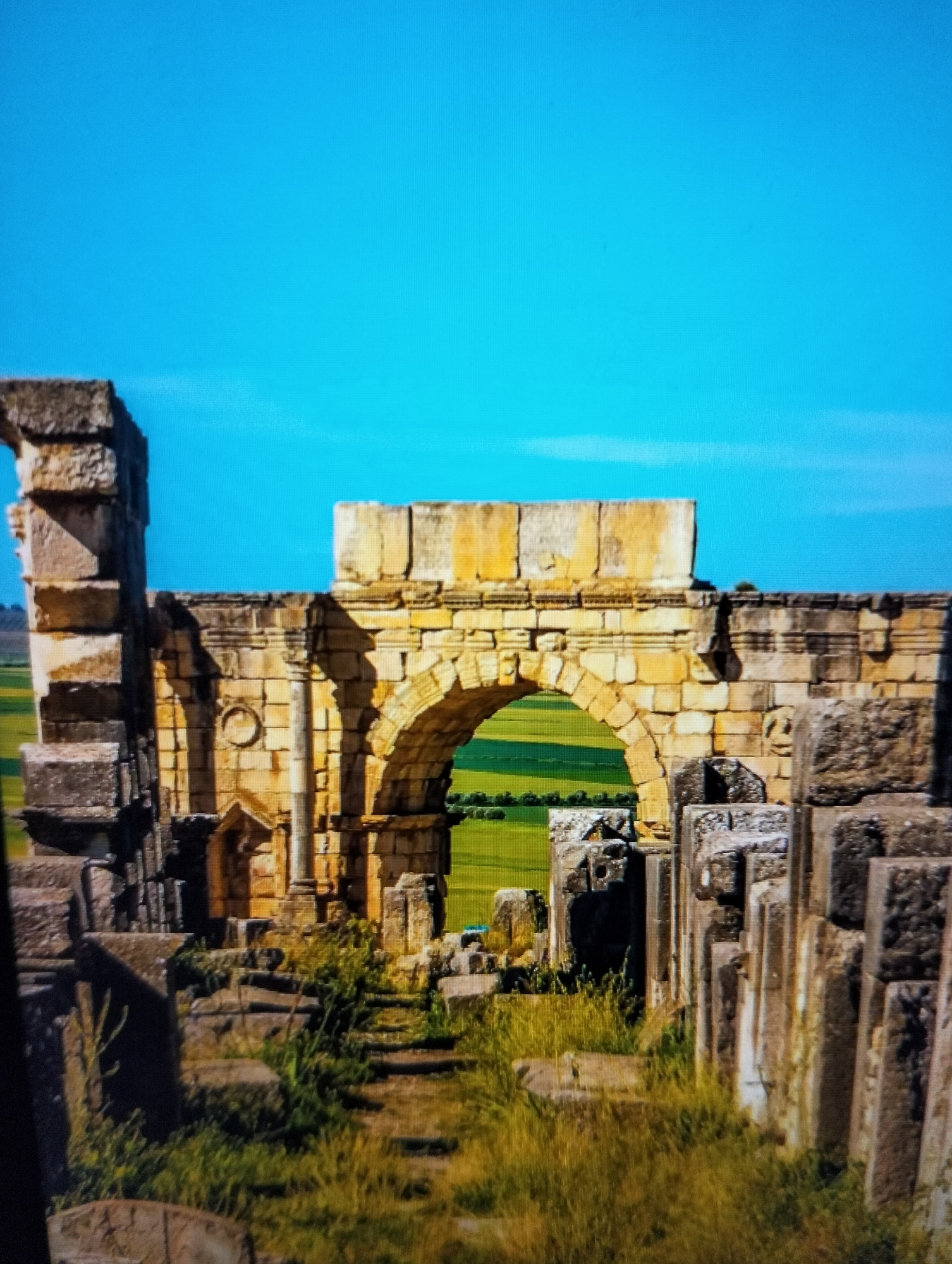 The image depicts the ruins of an ancient stone structure, possibly an archway or triumphal arch, under a clear blue sky. The stonework is weathered and shows signs of age, with some blocks missing or displaced. The structure is made of large, rectangular stones, with an arched opening in the center. Through the arch, a vibrant green field with visible rows of crops can be seen, suggesting an agricultural landscape surrounding the ruins. In the foreground, there are more scattered stone elements and overgrown vegetation, including grass and weeds, indicating that the site is not actively maintained. The overall impression is one of historical significance and the passage of time. This location is not in Payagaboh, Indonesia; it is likely a Roman ruin in North Africa.