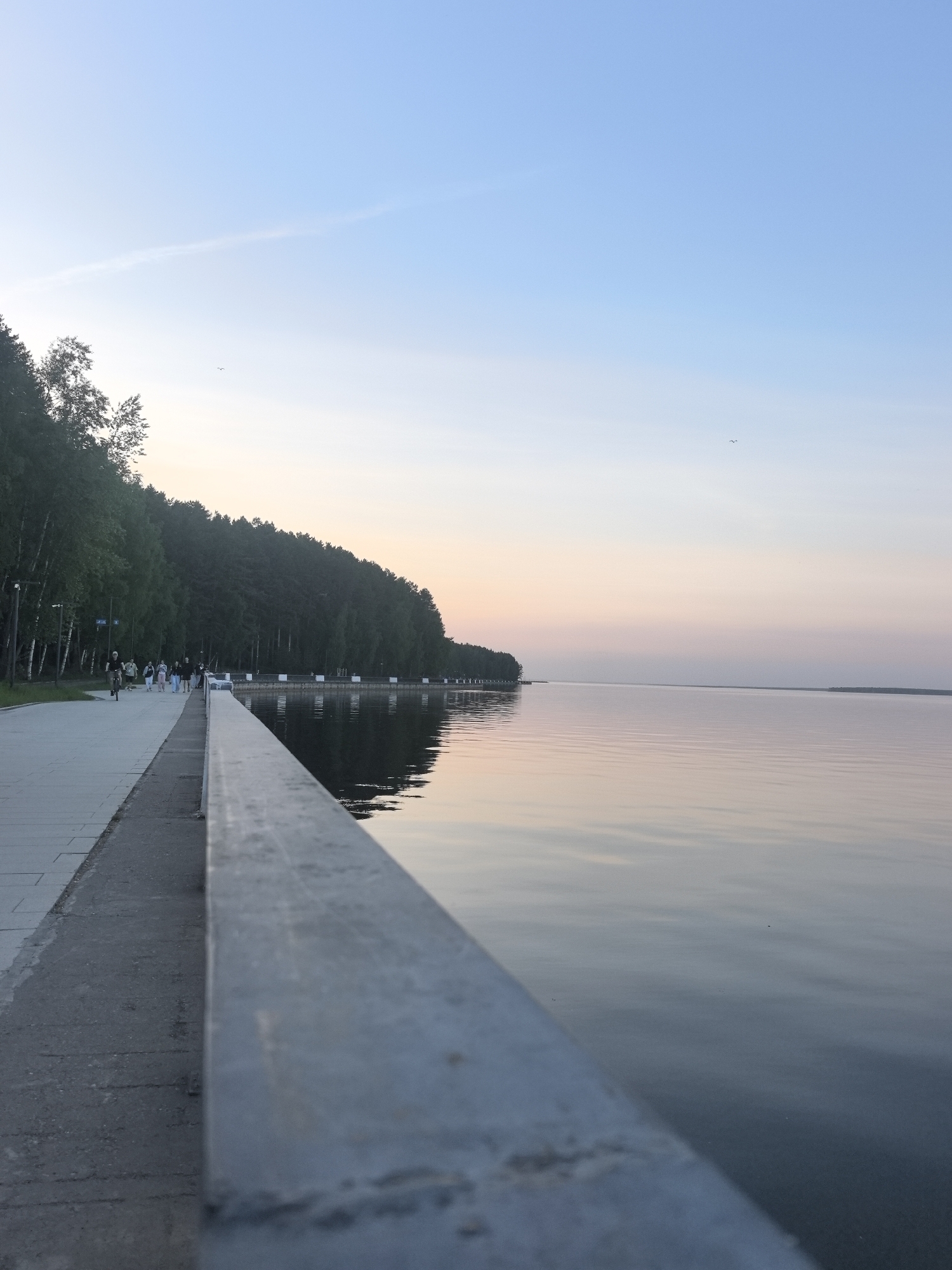 This photograph captures a serene scene along the embankment of the Kama Reservoir in the city of Chaikovsky, Perm Krai, Russia. The image, taken at eye-level perspective, shows the edge of the embankment on the bottom left corner and a railing running along its length. To the left, a paved pathway is lined with people walking and cycling alongside the forest. The reflection of the tree line can be seen in the water of the reservoir. The sky transitions from a pale blue overhead to a soft pink near the horizon.