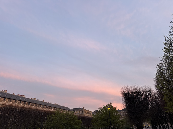The image presents a scene within the Palais Royal garden in Paris, France, at either dawn or dusk. The sky occupies the upper two-thirds of the frame, displaying a gradient from light blue at the zenith to soft pink and orange hues horizontally across the middle, consistent with sunrise or sunset, with faint, streaky cloud formations. On the left, a long, classical-style building with a distinctive mansard roof featuring numerous evenly spaced dormer windows extends across the midground. Several windows in this building emit a warm, yellow artificial light. Below the building, rows of trees with mostly bare, pollarded branches are visible, suggesting late winter or early spring; some trees exhibit nascent green foliage. A solitary streetlamp with a glowing yellow light is situated among these trees on the left. To the right, a path or promenade is lined by a dense canopy of trees, some with budding green leaves and others still bare. Several indistinct human figures are visible walking on this path, suggesting pedestrian activity. The foreground consists primarily of shadowed ground and tree trunks.