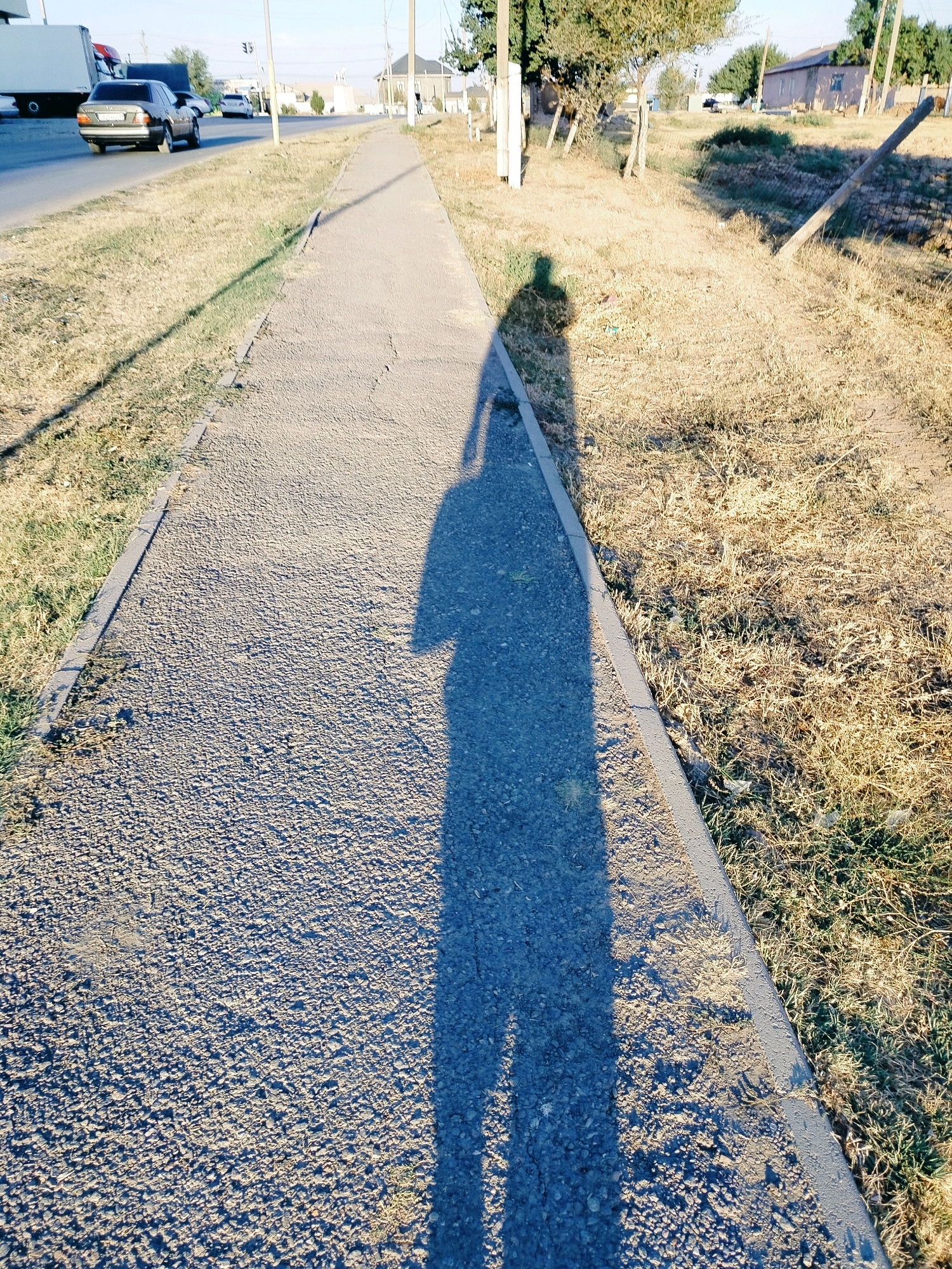 The image shows a long shadow of a person walking on a gravel sidewalk next to a dry, grassy area. A road with a silver car and a white truck is visible to the left. The scene appears to be in a rural or suburban area, possibly on the outskirts of Көлкент, Kazakhstan, given the arid vegetation and simple infrastructure. The lighting suggests it is either early morning or late afternoon.