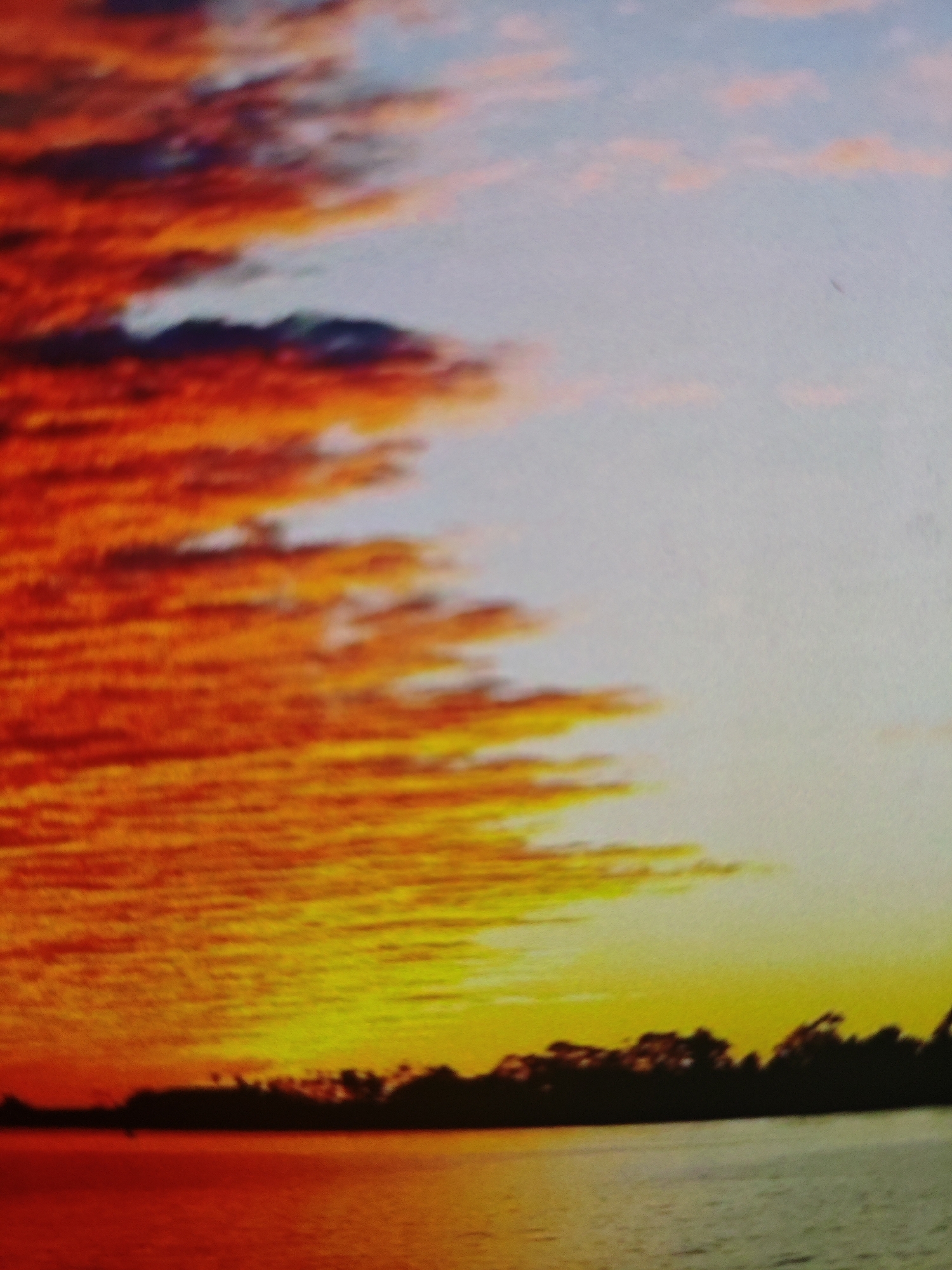 The image depicts a sunset over a body of water, likely a river or lake, with a silhouetted treeline in the distance. The sky is filled with dramatic, fiery clouds in shades of orange, red, and yellow, transitioning to softer pinks and blues higher up. The water reflects the vibrant colors of the sky, with a predominantly red and orange hue. The overall scene is one of natural beauty and tranquility. There are no people, animals, or man-made structures clearly visible in the image, apart from the natural landscape. The specific location in Armavir, Russia, cannot be determined from the image itself.