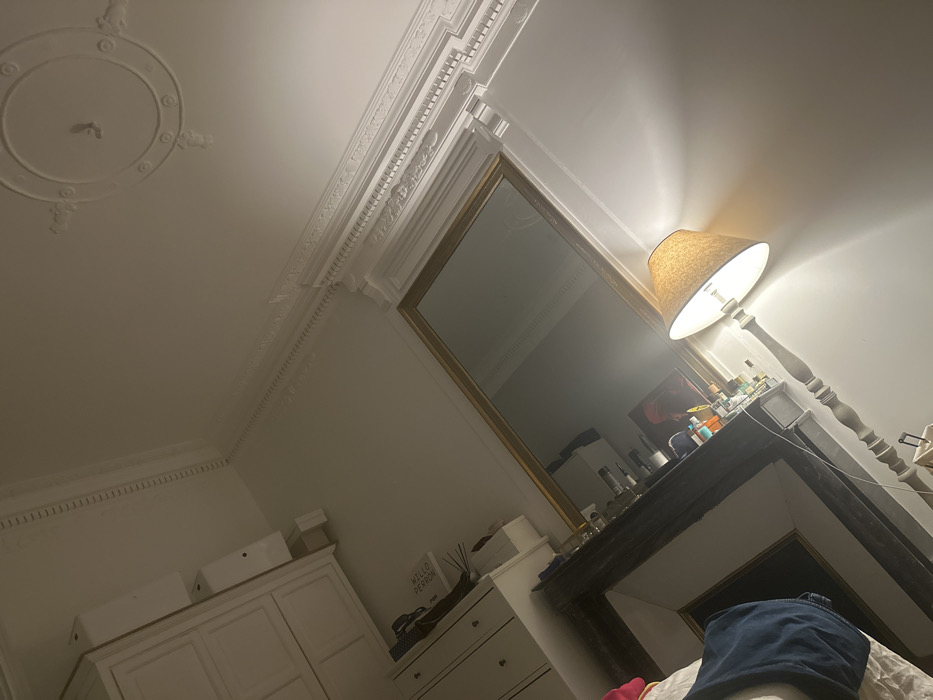A bedroom interior shows a bed with clothes on it in the foreground. A white wardrobe and dresser stand to the left. A mirror in a gold frame is positioned centrally, reflecting the room. A marble fireplace topped with various items is to the right of the mirror. A floor lamp with a tan shade illuminates the scene. Ornate ceiling details include a decorative medallion and molding.