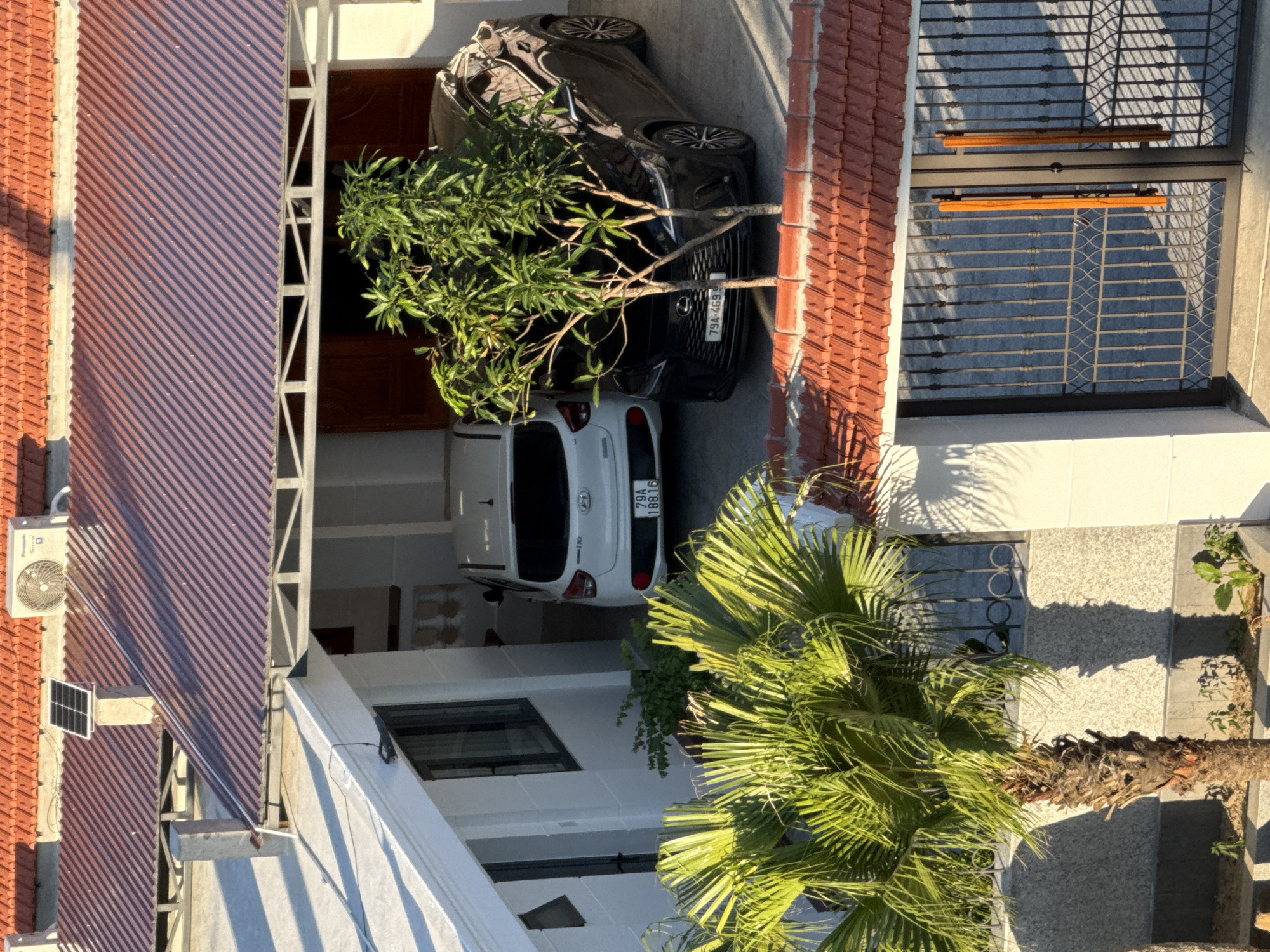 The image captures a view of a residential property in Bac Nha Trang Ward, Vietnam, from an elevated perspective. Two vehicles are parked under a covered carport. On the left, a white Hyundai i10 with license plate 79A 188.16 is visible. To its right, a black Lexus with license plate 79A 469.96 is parked, partially obscured by a small tree. The carport has a red-tiled roof and is supported by white pillars. In the foreground, a palm tree with lush green fronds is prominent. Behind the carport, a portion of a white house with dark-framed windows is visible. The property is enclosed by a dark metal gate with wooden handles. The overall environment suggests a sunny day, with distinct shadows cast by the palm tree and the gate.