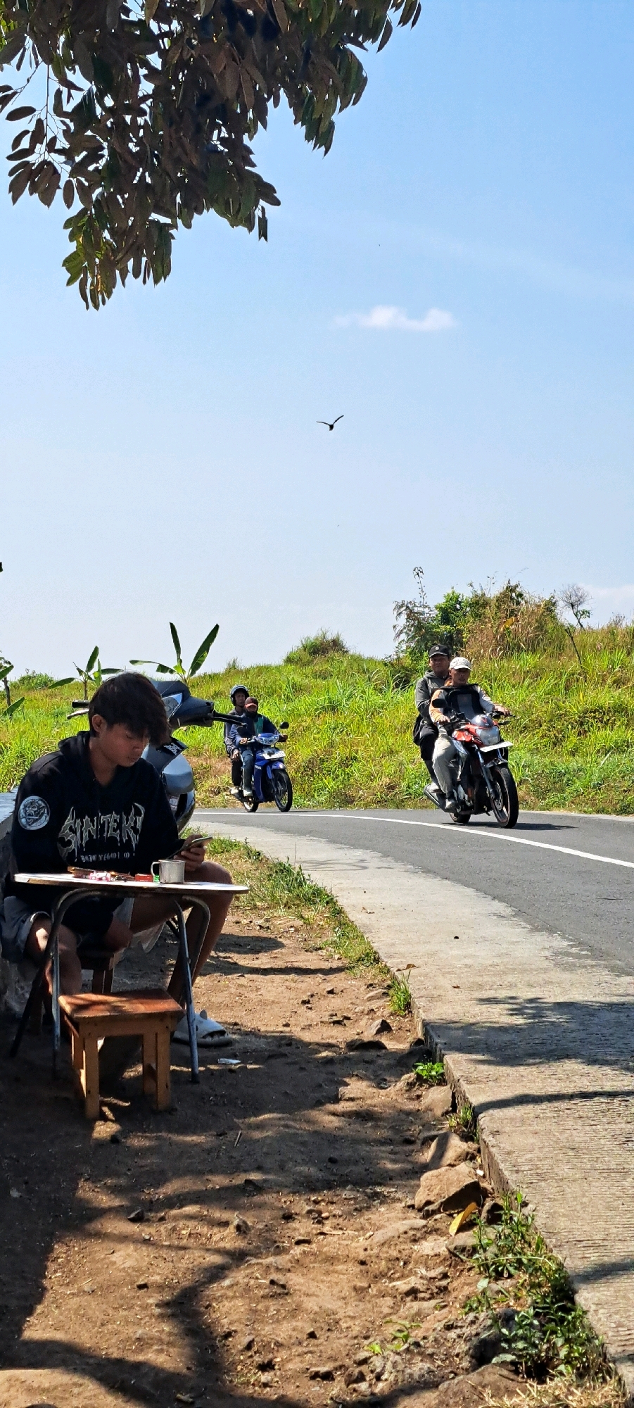 This is a vertical, eye-level, outdoor, daytime photograph taken in Sekarjoho, Indonesia. In the foreground, a young man with dark, tousled hair is seated at a small, wooden table, looking down at his phone. He is wearing a black hoodie with white lettering and light-colored shorts. A white mug sits on the table in front of him. Next to him is a dark-colored motorcycle. A small, wooden stool is placed near the table. The ground is a mixture of dirt, gravel, and scattered rocks, with some shadows cast by trees and foliage. In the mid-ground, a paved road runs from left to right across the frame. Two motorcycles, each carrying two people, are traveling on the road. The first motorcycle, to the left, is blue and its riders are wearing helmets. The second motorcycle, to the right, is red and black, and its riders are also wearing helmets. The background consists of a lush, green, grassy hillside dotted with trees and shrubs. The sky is a clear, bright blue with a single, distant bird soaring. The overall scene depicts a casual roadside setting with individuals on motorcycles passing by while one person is taking a break.