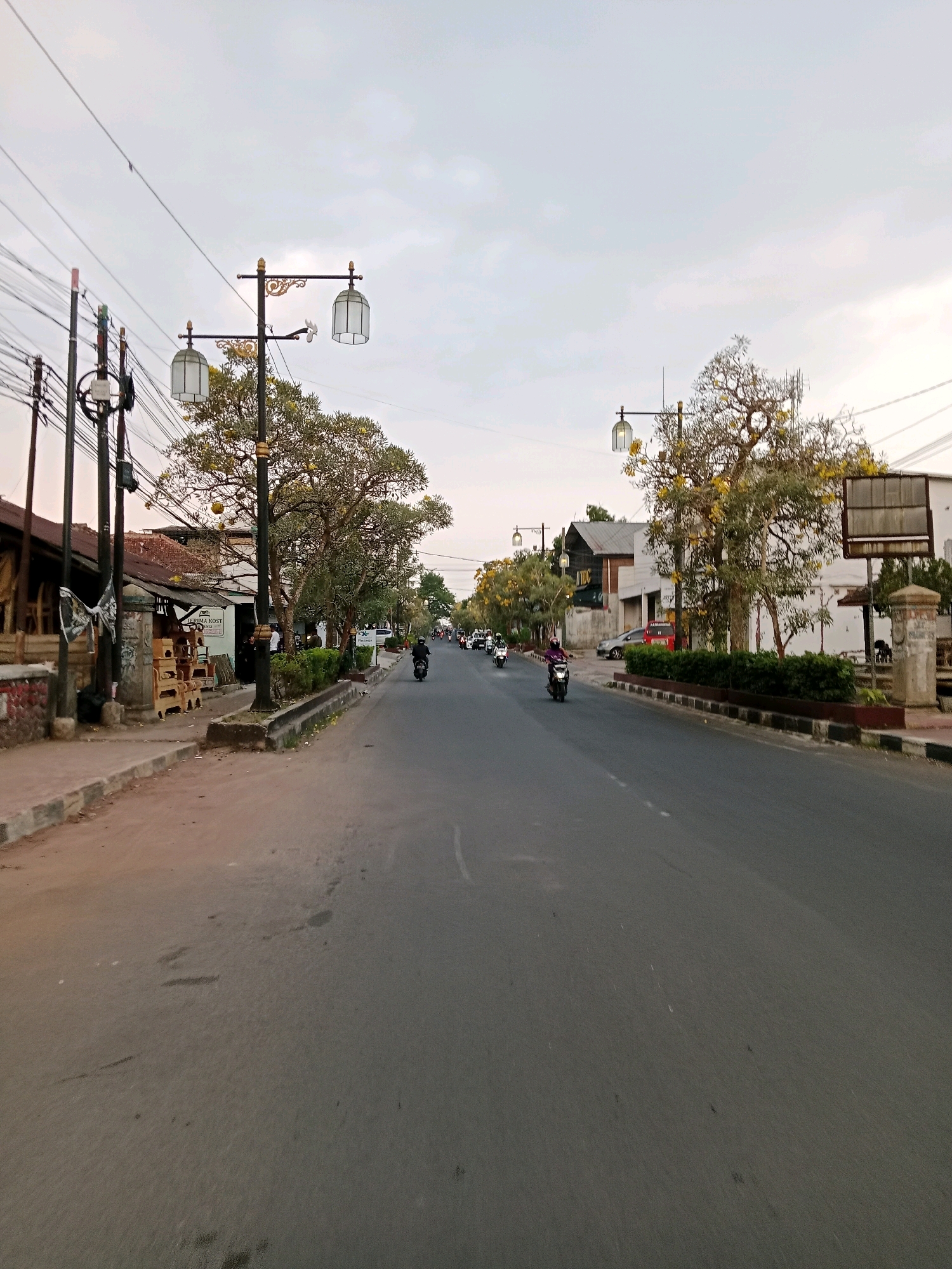 The image depicts a street scene in Cianjur, Indonesia, likely during daylight hours with overcast skies. The perspective is from ground level, looking down a paved road lined with trees and buildings. On the left side of the road, there is a sidewalk with a row of shops and stalls, some of which appear to be selling wooden furniture or crafts. A few motorcycles are parked along the sidewalk. Further down the road, there are lampposts with decorative lanterns.
On the right side of the road, there is a median strip with dense green bushes and trees, some of which are adorned with yellow flowers. Buildings are visible behind the median strip, including what appears to be a commercial establishment with a white facade. Several motorcycles are in motion on the road, some with riders wearing helmets. The road itself has visible lane markings and some scattered debris. The overall impression is that of a moderately busy urban street.
