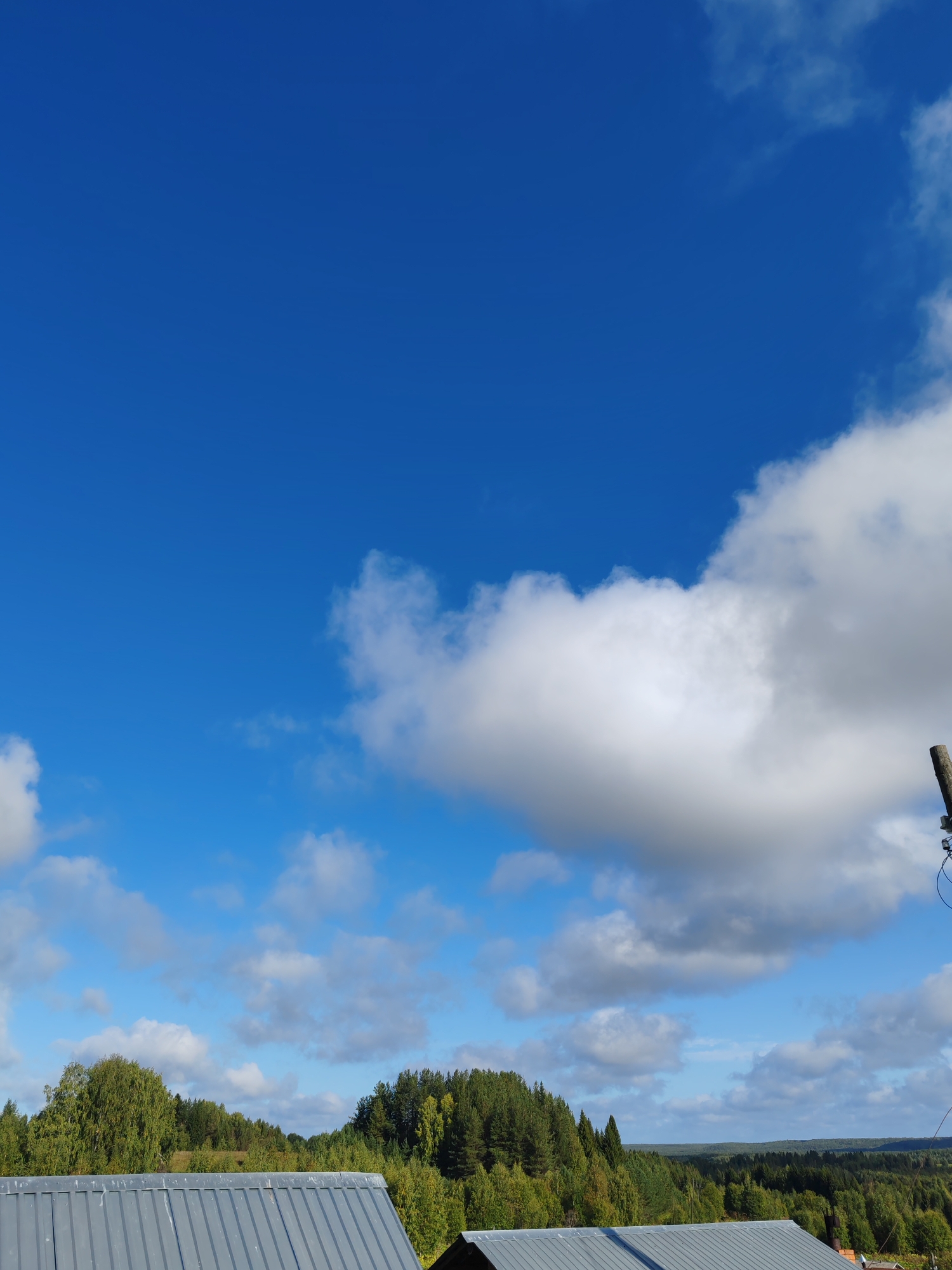 The image displays a rural landscape under a bright blue sky with scattered white clouds. In the foreground, the metallic, corrugated roof of a building is visible. Beyond the roof, a dense forest of green and yellowing trees stretches across rolling hills. A small cluster of taller, darker evergreen trees is located towards the center of the forested area. A utility pole with some attached wiring is visible on the right side of the image, silhouetted against the sky. The scene appears to be a view from an elevated position, looking out over a natural landscape. The location is specified as Chukhlem, Russia.