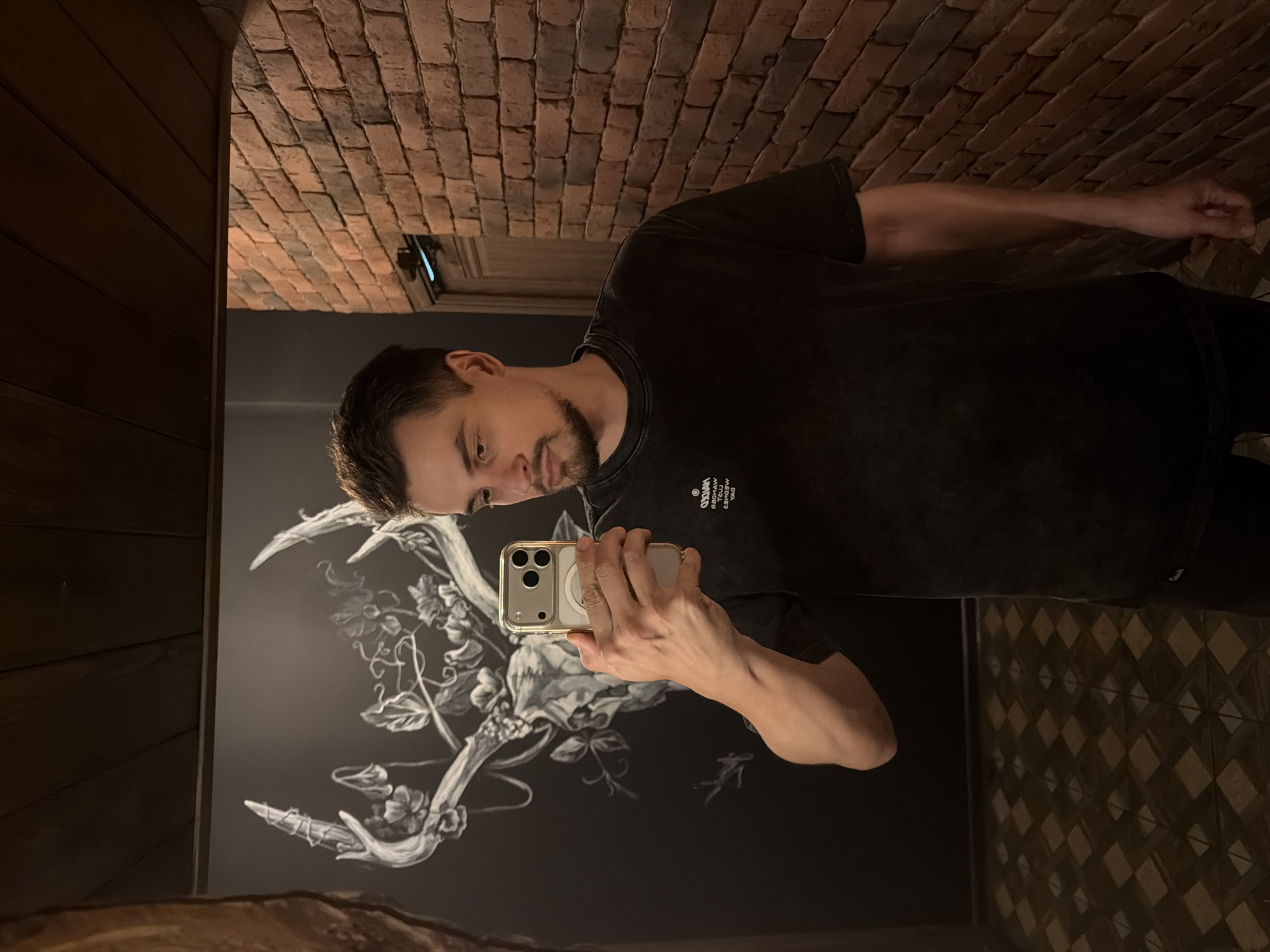 A medium shot shows a man taking a selfie in a bathroom. The man is fair-skinned with dark hair and a beard. He is wearing a dark t-shirt. He is holding a gold-cased iPhone. In the background, there is a black wall with a white drawing of antlers and flowers. Above the wall, there is a brick ceiling. To the side, there is dark wood paneling. The floor has a geometric pattern. The man is in the bathroom of a restaurant in Krasnoyarsk, Russia.