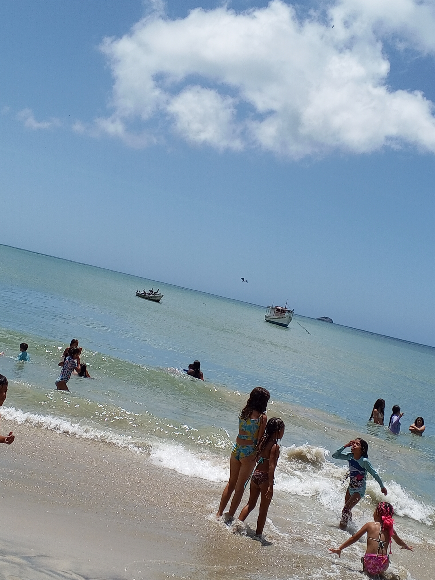 The scene shows a group of children enjoying themselves on a beach in Pedro González, Venezuela. Some are playing in the shallow water near the shore, while others are further out, swimming or wading. Two small boats are visible on the water. The sky is blue with some white clouds. The beach is sandy and the water appears calm.