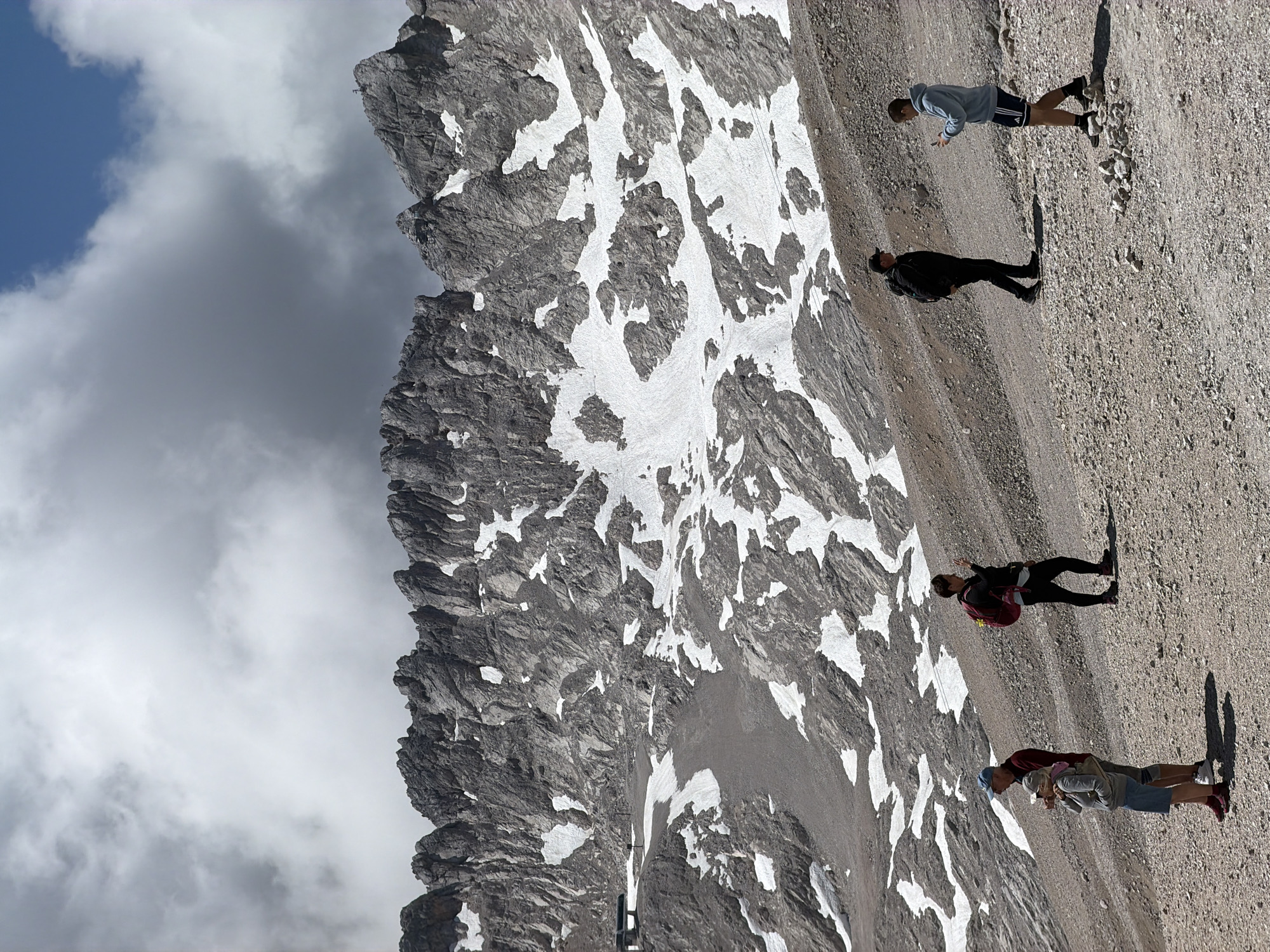 The image depicts a scenic mountain landscape with scattered patches of snow against a backdrop of rugged grey rock formations and a partly cloudy sky. In the foreground, several individuals are visible on a gravelly slope. To the left, a couple stands side-by-side, with the woman looking down and the man looking forward. Further to the right, a woman with a red backpack is facing away from the camera, appearing to gesture. Another man, wearing a black jacket and backpack, walks towards the right. Closest to the right edge, a young man in a blue hoodie and shorts is holding a mobile phone. In the mid-ground, the mountain slopes are marked by a network of paths and areas of snow and rock. The background is dominated by the imposing, jagged peaks of the mountains. This scene is consistent with the Zugspitze area, the highest peak in Germany, located in Garmisch-Partenkirchen, Germany, known for its alpine terrain and snowfields even in warmer months.