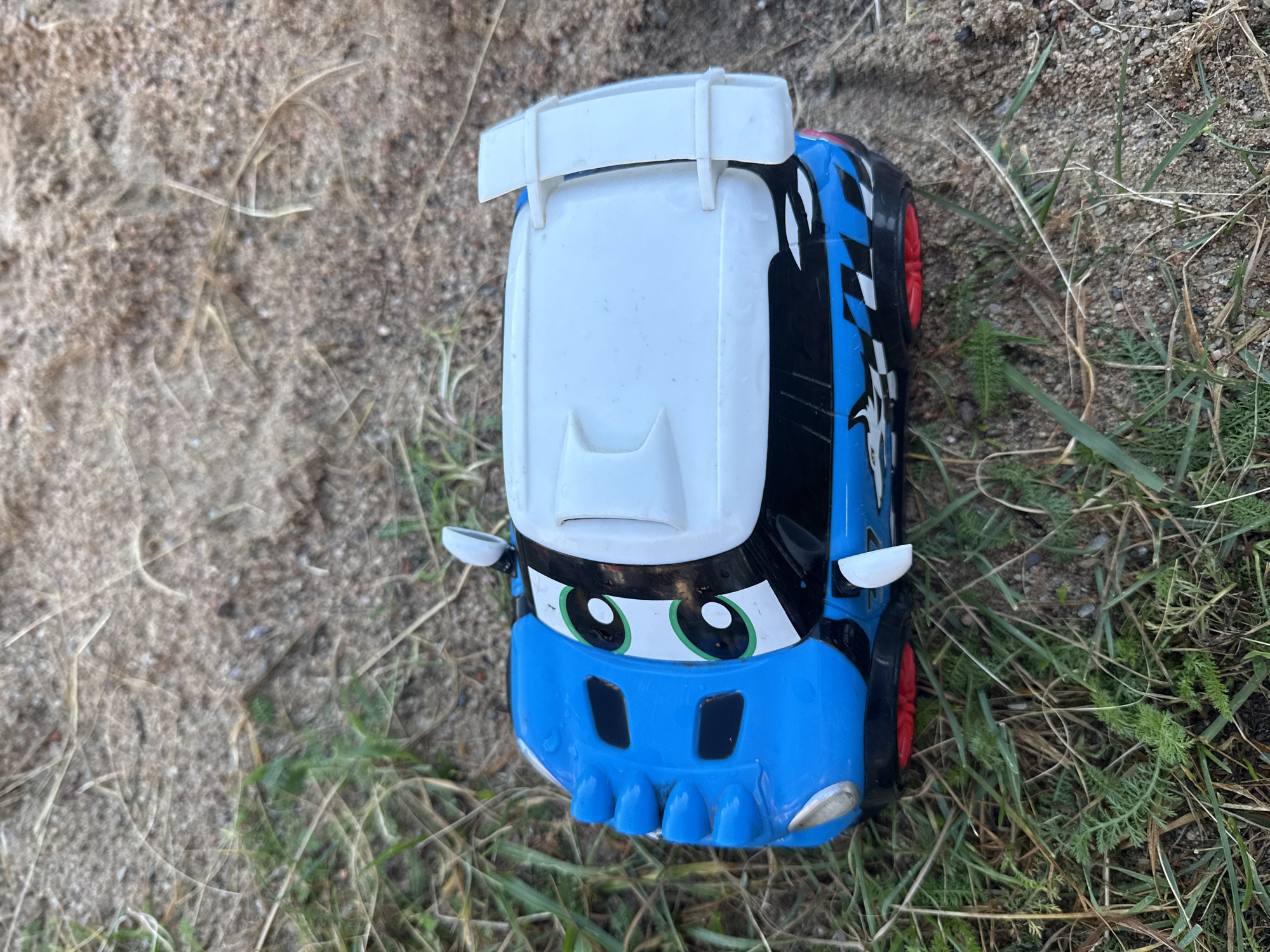 A blue toy car with a white roof and a spoiler is lying on its side in sandy soil with sparse green vegetation. The car has large cartoon-like eyes and a grill on the front. The side of the car features a checkered flag pattern. The image was taken in Tallinn, Estonia.