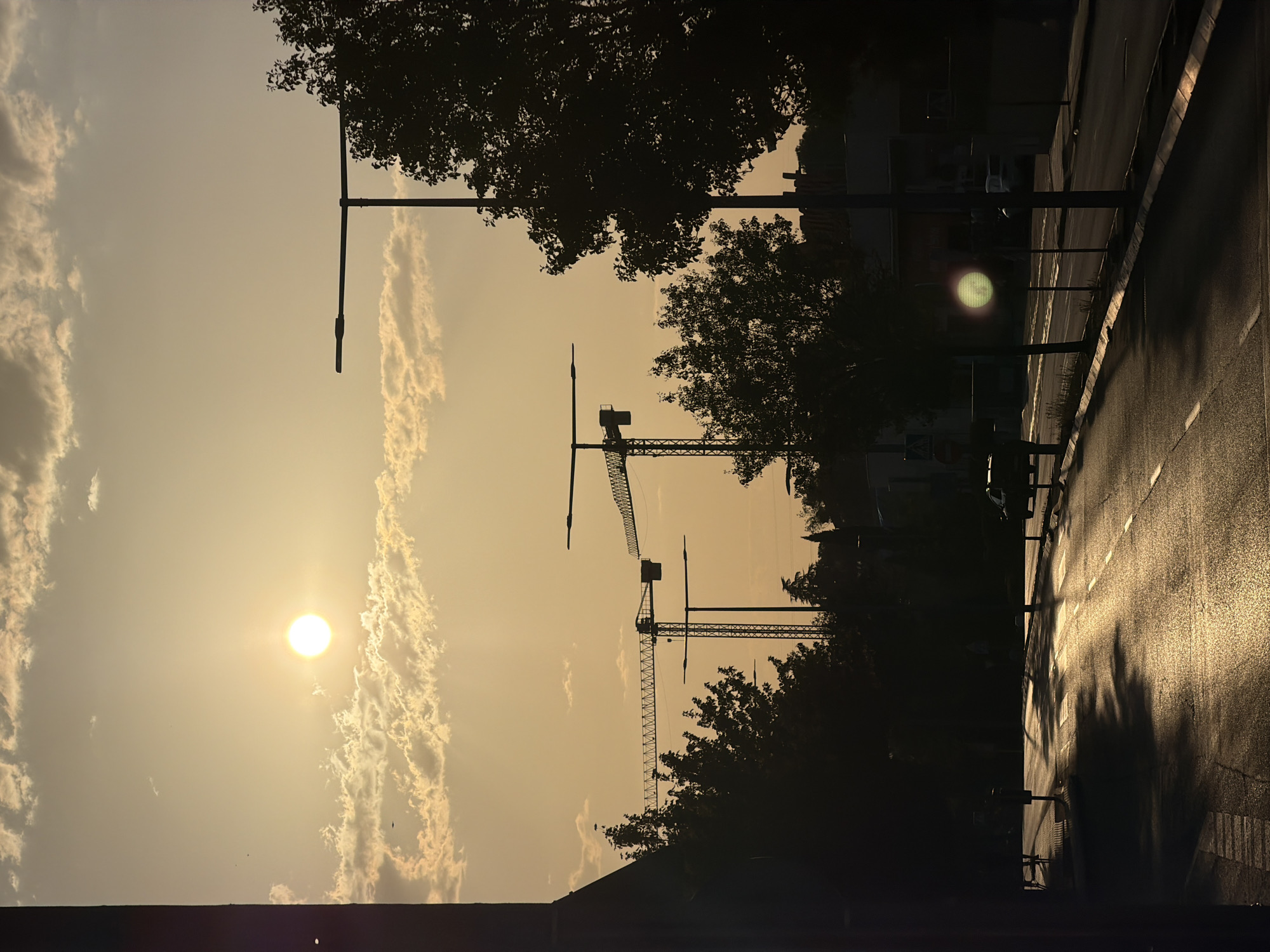 A low-angle, wide shot captures a street scene in Las Rozas de Madrid, Spain, during a sunset. The sun, a bright, glowing orb, is positioned in the upper left quadrant of the frame, surrounded by scattered, wispy clouds tinged with orange and yellow hues. The warm light casts long, dramatic shadows across the wet asphalt of the street, highlighting its texture and the white lane markings.
Two construction cranes with their long booms are silhouetted against the sky in the middle ground, suggesting ongoing development. In the foreground, the dark silhouette of a building or wall occupies the left side of the image, creating a strong vertical element. Streetlights, also in silhouette, are visible on the right side and in the middle distance, their poles stretching upwards.
The sides of the street are lined with trees, their foliage a dark mass against the bright sky. A few vehicles, including what appears to be a dark SUV, are visible on the street and in the background, their forms indistinct in the low light. A circular, bright reflection, possibly from a street light or lens flare, is prominent in the lower right quadrant. The overall atmosphere is one of a city transitioning from day to evening, with a sense of industrial activity and natural beauty coexisting.