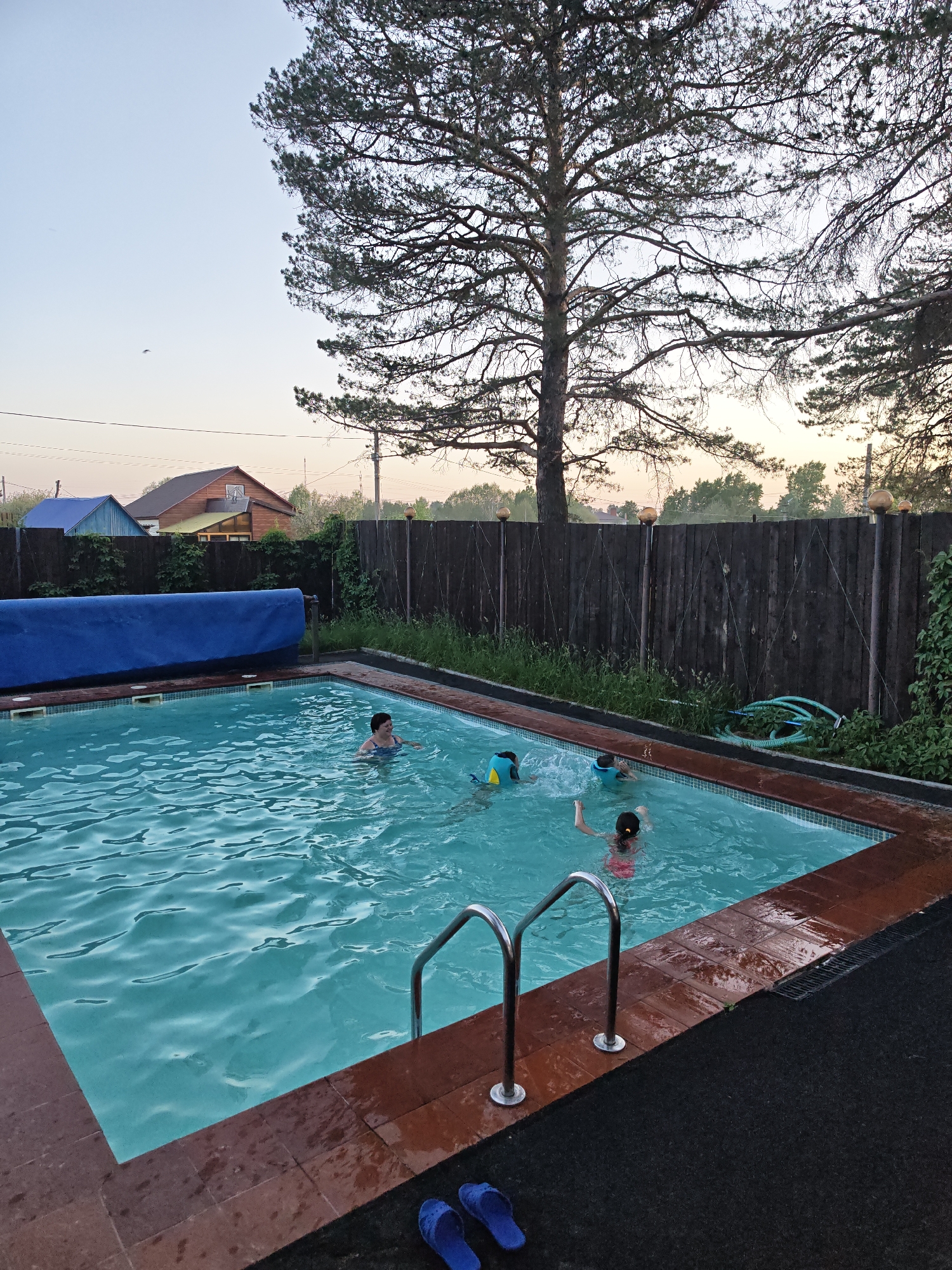 The image shows an outdoor rectangular swimming pool with a brown brick border, located in a backyard setting. The pool contains four people swimming. At the pool's edge are a set of stainless steel pool steps and a pair of blue sandals. Beyond the pool is a dark wooden fence. In the background, there are houses, and a large tree dominates the upper portion of the image. Based on the information provided, the location is Chaikovsky, Russia.