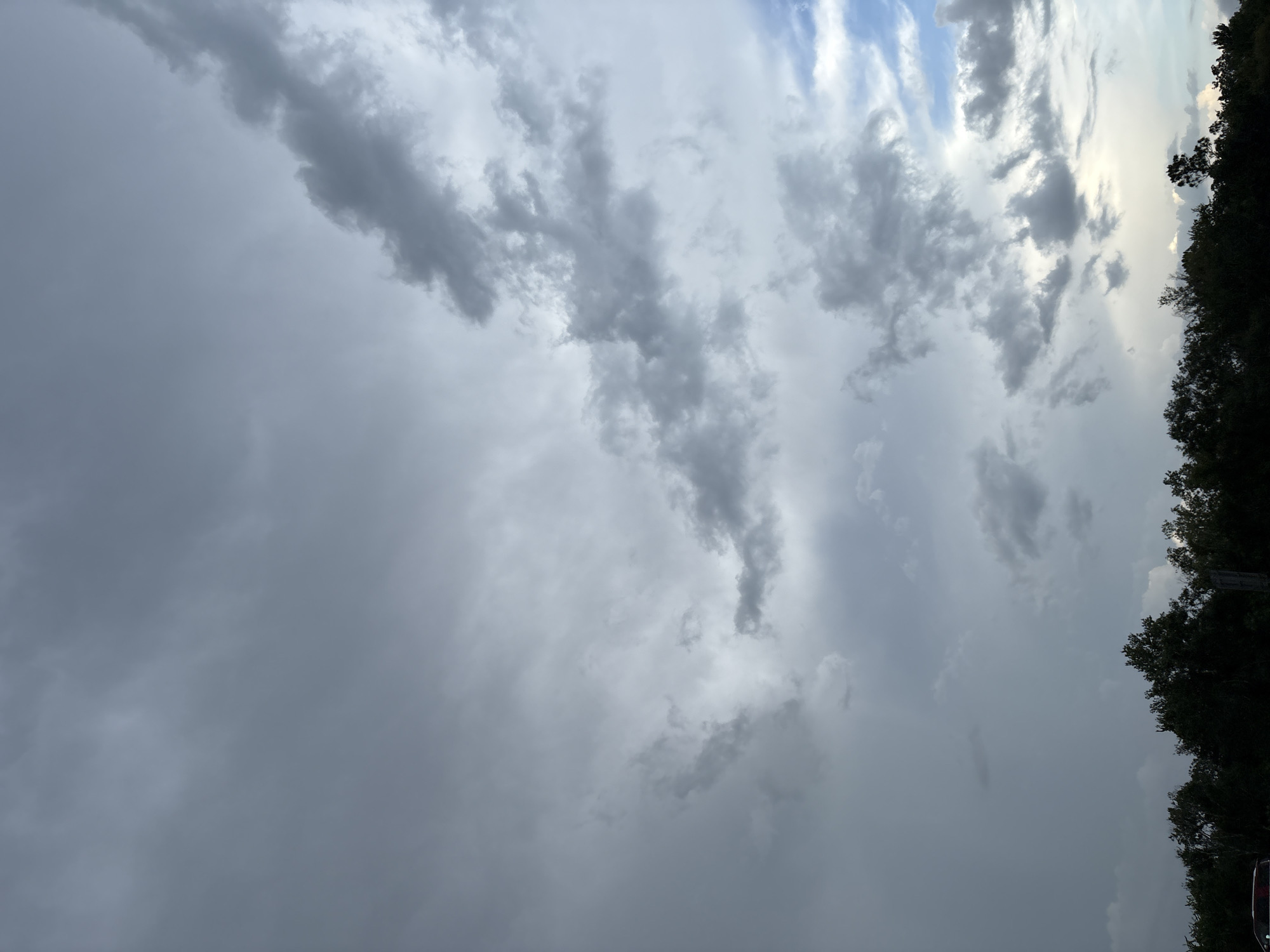 The image shows a dark, cloudy sky over a line of trees in Bradenton, Florida. The clouds are heavy and gray, with some lighter patches showing through. The trees are silhouetted against the sky, and their leaves are dark green. The overall impression is one of an impending storm. There are no people or visible objects in the image other than the natural elements of sky and trees. The location is identified as Bradenton, United States.