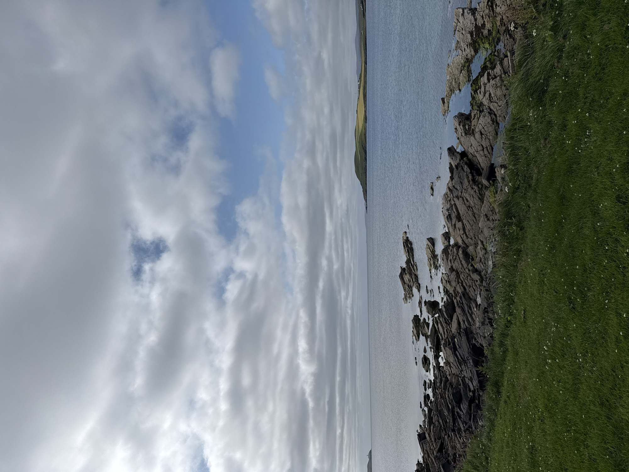 The image depicts a coastal landscape under a partly cloudy sky. In the foreground, lush green grass slopes down towards a rocky shoreline. The rocks are dark and jagged, some of them partially submerged in the calm, blue water of the sea. In the middle ground, the sea stretches out to the horizon, meeting a landmass in the distance. This distant landmass features rolling green hills and some buildings. To the far left, a faint structure, possibly a lighthouse, is visible on a distant headland. The overall impression is of a serene and natural coastal scene. The location is not explicitly identified as being within Lerwick, United Kingdom, but it is a coastal view consistent with the geography of such a place. There are no people or animals visible in the image.