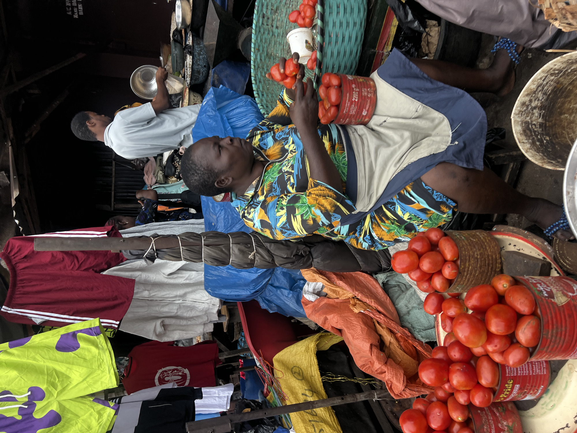 A woman is selling tomatoes at a market in Nkpor, Nigeria. She is wearing a colorful, patterned dress and an apron. She is sitting with a basket of tomatoes in front of her and holding some tomatoes in her hand. There are other vendors in the background, as well as various goods for sale. The market appears to be outdoors, with a makeshift roof providing some shade. The ground is dirt.