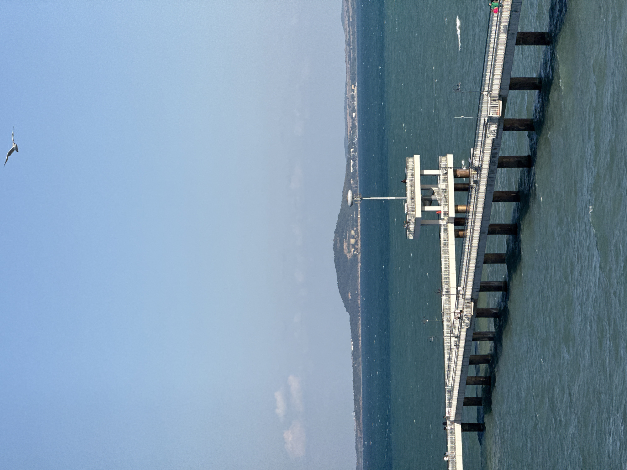 This image depicts the Burgas Sea Garden Pier, located in Burgas, Bulgaria. The pier extends into a choppy, dark teal sea under a clear blue sky. A solitary seagull is captured in flight against the sky in the upper portion of the frame. The pier itself is a long, white structure supported by numerous concrete pillars. It features railings along its sides and several sections with open areas and sheltered pavilions. One such pavilion, a multi-level white structure with spiral stairs, is situated further out on the pier. A few individuals are visible on the pier, some standing, others walking, and some seated in the pavilion, suggesting a leisurely day. In the background, a distant green, hilly coastline stretches across the horizon, with some buildings and industrial structures visible along its edge. The overall scene conveys a sense of a bright, breezy day by the sea.