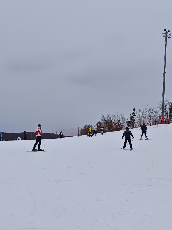The image displays a snow-covered ski slope under an overcast grey sky, located at what appears to be a ski resort near Курово, Moscow Oblast, Russia. Seven individuals are visible on the slope, all equipped with skis and winter clothing.
In the foreground-left, one skier, viewed from the back, wears a white and red jacket, black pants, and a white beanie, standing stationary with skis parallel and holding ski poles. Further uphill on the right side, two skiers are actively descending the slope, also viewed from the back. The closer of these two wears a dark blue jacket and black pants, while the one further right wears a dark jacket and pants. Both utilize ski poles.
In the mid-ground, several other individuals are scattered across the slope. One skier on the center-left wears a yellow jacket. To the right of this individual, a figure in light-colored attire is visible, and another figure is further right near a safety fence. On the far left, a partially obscured figure is present near a white structure.
A red safety netting or fence spans horizontally across the upper mid-ground of the slope, bordering a line of sparse deciduous trees and some evergreen pines. A tall, dark metal utility pole equipped with multiple floodlights is prominently positioned on the right side of the image, extending vertically into the grey sky. The snow on the slope exhibits tracks from skiing activity.