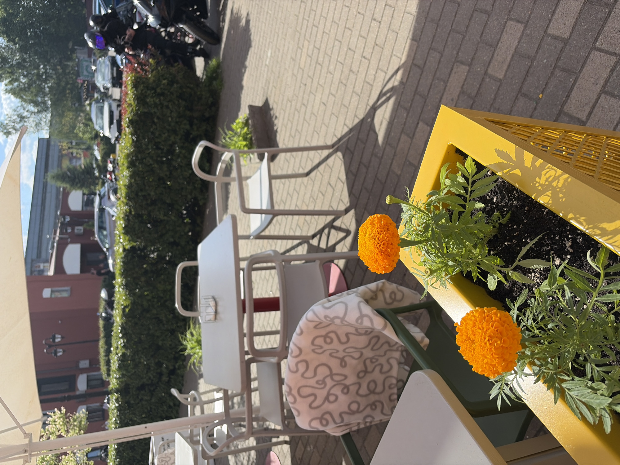 The image depicts an outdoor seating area in Minsk, Belarus. The area is paved with light-colored bricks and features several white metal tables and chairs. A yellow planter box filled with orange marigolds sits on one of the tables. A blanket is draped over the back of a chair. In the background, there is a green hedge, buildings, and parked cars. A motorcycle is visible at the top of the image. The scene is bathed in bright sunlight, casting shadows across the paving.