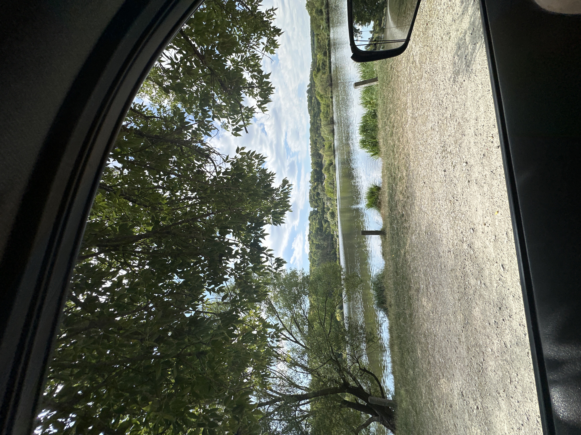 This is a photograph taken from inside a vehicle, looking out the side window towards a scenic natural landscape. The foreground is dominated by the dark interior of the car, with a portion of the door panel visible at the bottom. Outside the window, a gravelly ground leads to a grassy bank next to a body of water, likely a lake or river.
The water is calm, reflecting the blue sky and white clouds above. Tall green grasses and reeds grow along the edge of the water. In the middle ground, a single tree with sparse green leaves leans towards the water, its trunk supported by two visible posts. Beyond the water, a lush green forest covers rolling hills, stretching towards the horizon. The sky is bright and partly cloudy, suggesting a clear day. A side-view mirror of the vehicle is visible on the right side of the frame, reflecting a dirt road curving away into the distance. The scene appears to be a peaceful, rural setting. The location is identified as Makiv, Ukraine.