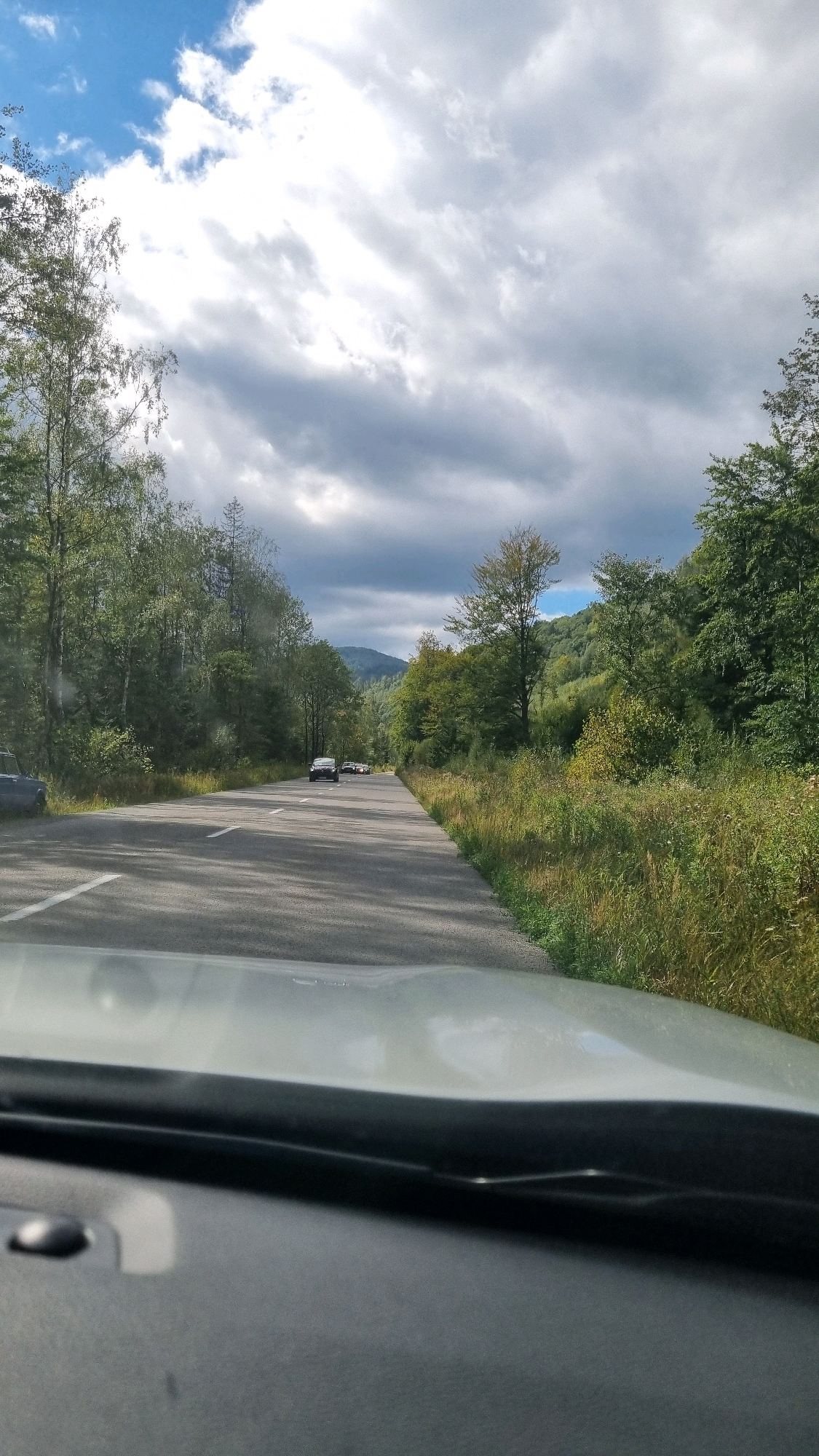 The image depicts a view from inside a vehicle traveling on a paved road through a forested, mountainous area. The road has visible white lane markings and is flanked by dense trees and vegetation on both sides. Several cars are visible on the road ahead. The sky is partly cloudy, with dramatic, dark clouds intermingled with patches of blue sky. The overall impression is of a scenic drive in a rural location. The location is identified as Pidlisky, Ukraine.