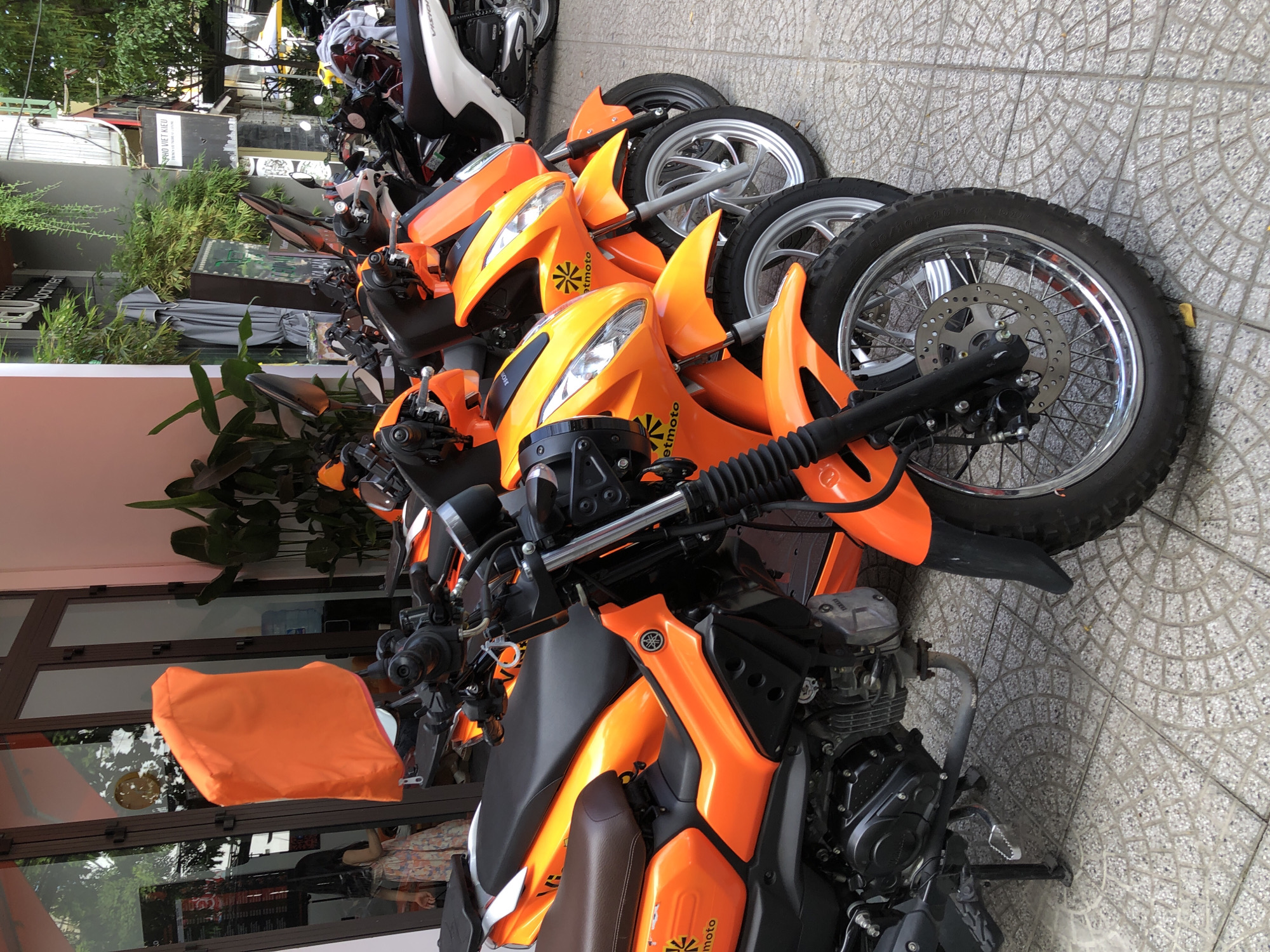 The image shows a row of orange motorbikes parked on a tiled sidewalk in front of a building in Da Nang, Vietnam. The motorbikes are of the same model, with "Gojek" branding visible on some of them. The building appears to be a shop or cafe, with glass doors and windows reflecting the surroundings. There are plants and trees visible in the background, suggesting an urban environment. One of the motorbikes has an orange cover draped over its handlebars. A person can be seen in the reflection of the glass door, wearing a floral dress. The scene appears to be a typical street view in Da Nang, a popular tourist destination.