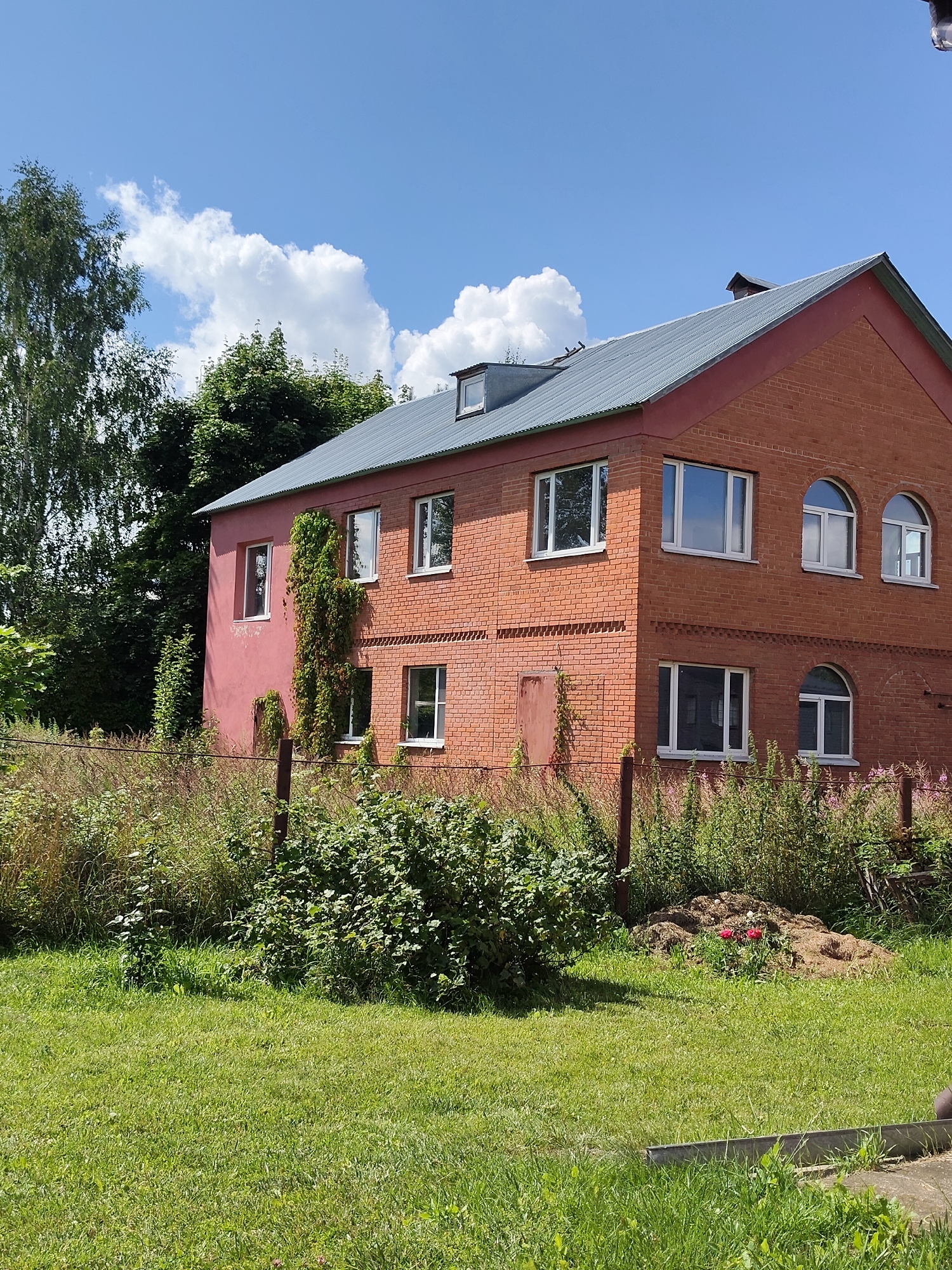 A two-story brick building with a grey metal roof is pictured in Chepelyovo, Russia, under a partly cloudy blue sky. The building's lower section is painted pink, while the upper section and a prominent gable end are constructed of red brick. Windows are visible on both facades, with some being rectangular and others arched. Green ivy climbs the pink wall and a section of the brick facade. A metal fence runs along the front of the property, separating the building from overgrown vegetation including tall grasses and bushes. A patch of green lawn is in the foreground, with a small pile of dirt and two red flowers to the right. Trees are visible behind and to the left of the building.