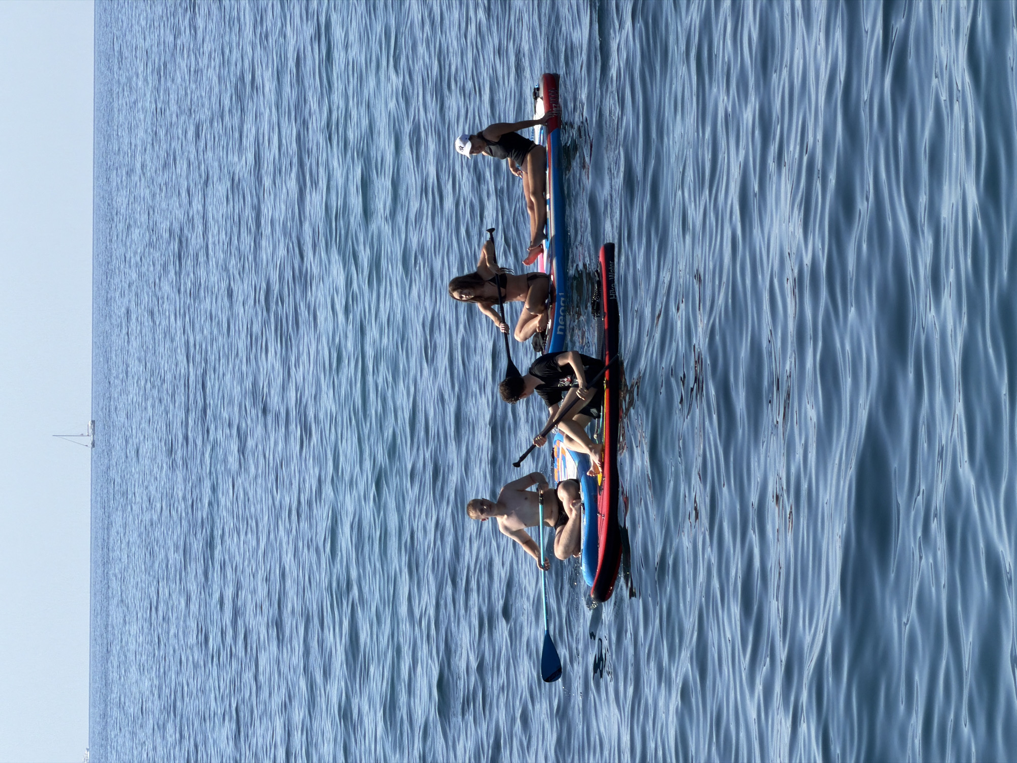 Four individuals are paddleboarding on a calm, blue sea. In the foreground, two men are on separate paddleboards, one sitting cross-legged and holding a paddle, the other kneeling and also holding a paddle. In the background, two women are on a single paddleboard, one sitting and holding a paddle, the other lying down. The woman on the right is wearing a white cap. A sailboat is visible on the horizon. The scene appears to be set off the coast of Budva, Montenegro, with clear skies and a vast expanse of water.