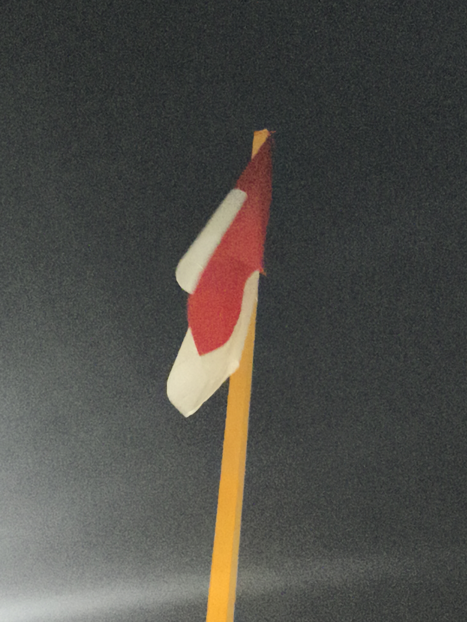 A close-up, low-angle shot shows a red and white flag waving on a yellow pole against a dark, textured background, possibly at night or in low light conditions. The flag appears to be made of fabric and is partially obscured by the pole. The background exhibits a grainy texture, suggesting it might be out of focus or a digital artifact. No people or surrounding urban elements of Samarinda, Indonesia are visible.