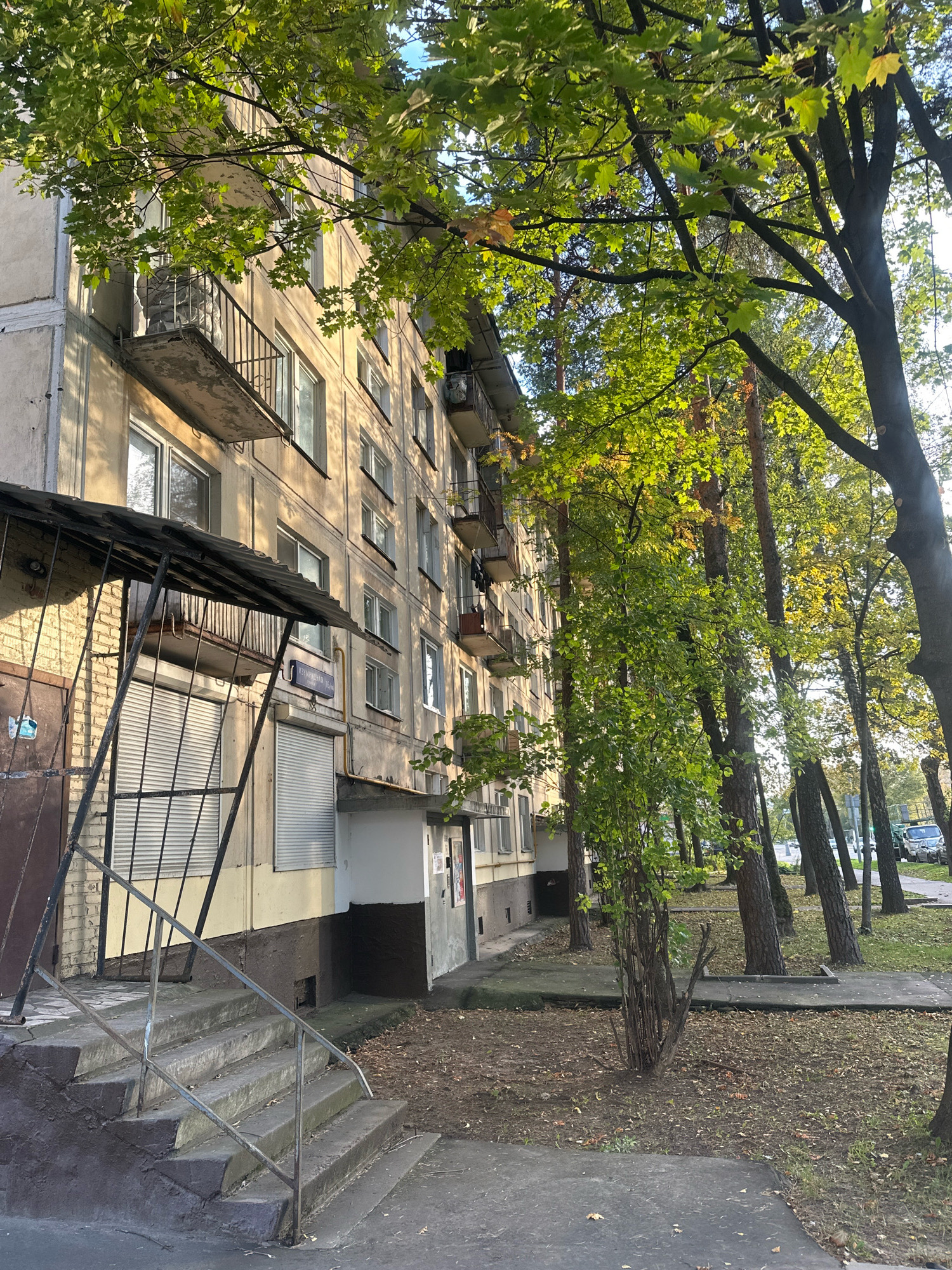 The image shows a side view of a Soviet-era apartment building in Moscow, Russia, with trees in the foreground and middle ground. The building is a light-colored, multi-story structure with balconies and numerous windows. In front of the building, there is a set of concrete stairs leading up to an entrance covered by a metal awning with a corrugated roof. The stairs have metal railings. Adjacent to the entrance, there is a brown metal door with a lock and some papers attached. Further down the building's facade, there are more windows and balconies, some of which have laundry hanging from them. A blue street sign is visible on the building wall. The ground in front of the building and between it and the trees is covered with dirt, fallen leaves, and a few concrete pathways. Several tall trees with green leaves are scattered throughout the scene, with some branches extending over the building. In the background, a paved area with parked cars and more trees is visible. The lighting suggests it is daytime, with sunlight illuminating the scene.