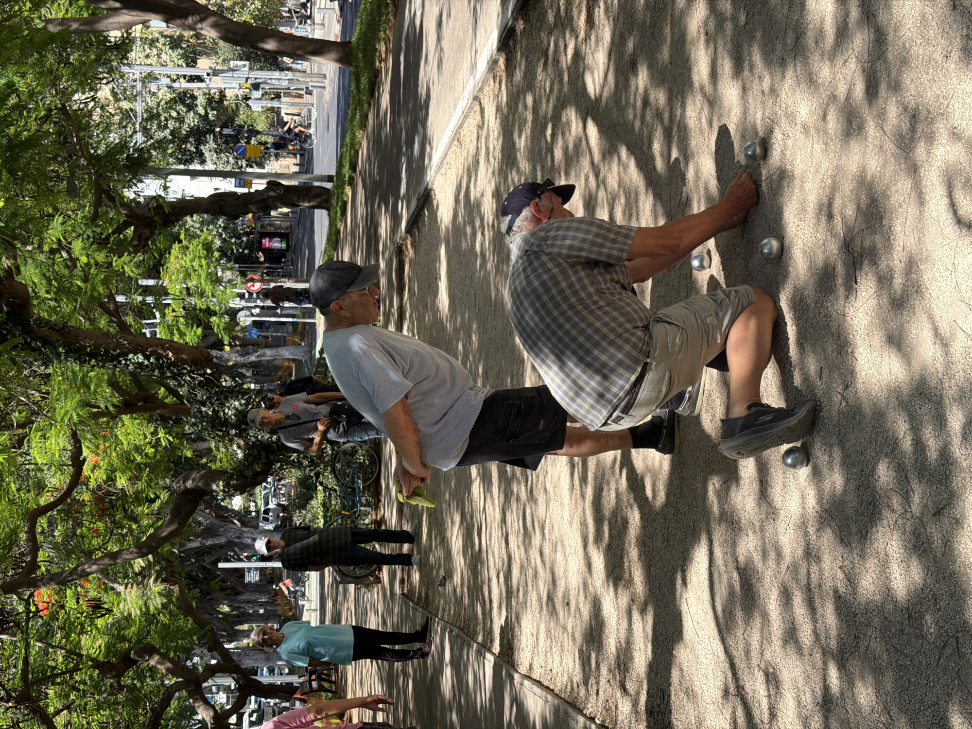 The image depicts an outdoor scene, likely in a park or public area within Tel Aviv, Israel, characterized by mature trees casting dappled shadows on a gravel-covered ground. Two men are actively engaged in playing pétanque.
In the foreground, a man wearing a plaid shirt and light-colored shorts is kneeling on his right knee, with his left leg extended. He is reaching out with his right hand towards several silver pétanque balls scattered on the ground. He is wearing a dark baseball cap and sunglasses.
Behind him and slightly to his left, another man, wearing a grey t-shirt, dark shorts, and a baseball cap, is bent over. He is holding a bright yellow cloth in his right hand. He appears to be observing the game or preparing for his turn.
In the background, other individuals are visible standing or walking. One woman in a light blue t-shirt and dark leggings stands near a paved walkway. Further back, a man in a dark striped shirt stands next to a bicycle. Beyond them, a street with traffic, including cars and a cyclist, is visible, suggesting an urban setting. The presence of tall trees with vibrant green foliage and some red flowers indicates a pleasant, likely warm, climate. The overall atmosphere suggests a recreational activity taking place on a sunny day.