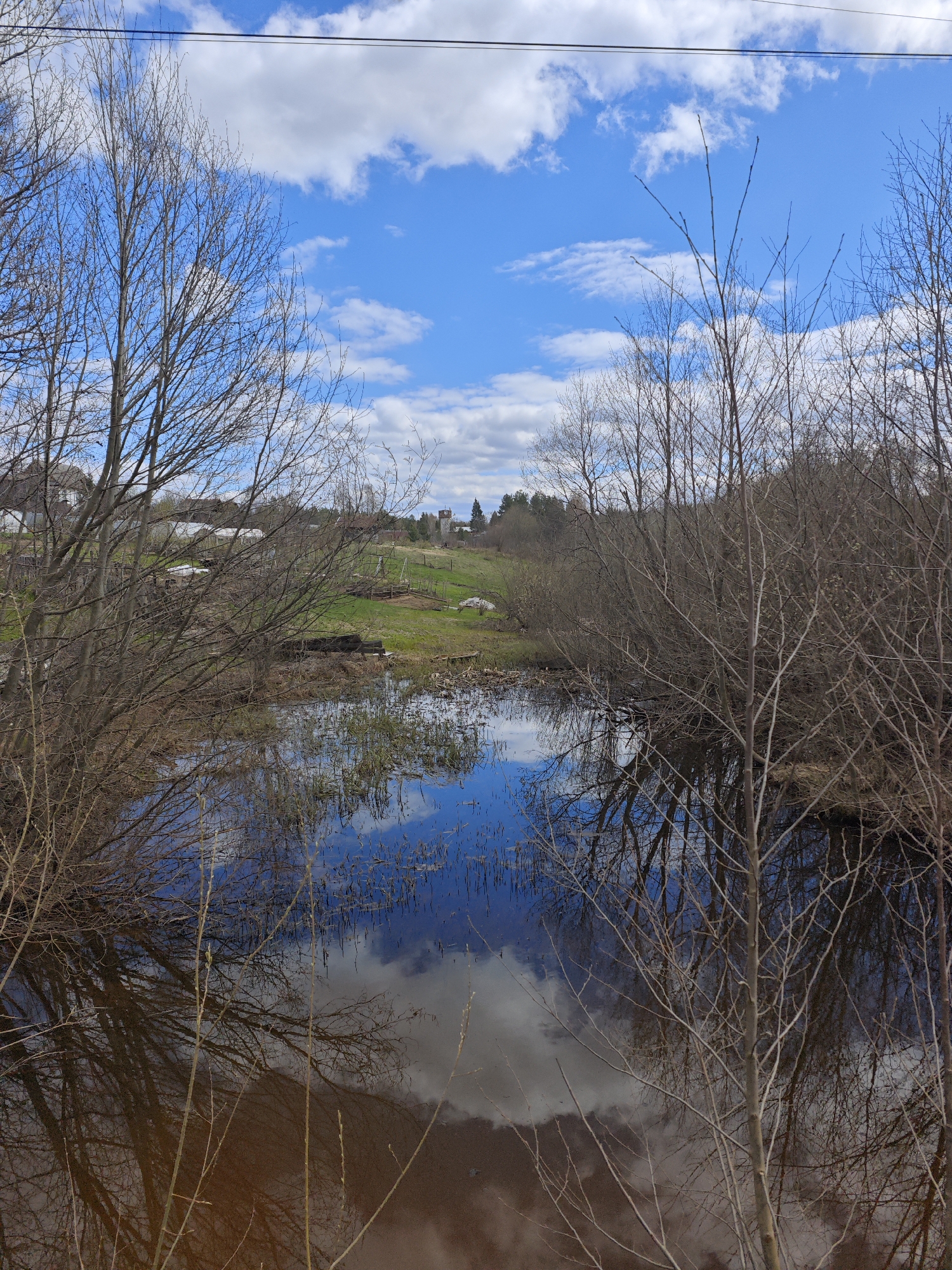 The image shows a flooded area, possibly a pond or wetland, located in Markovo, Russia. The sky is blue with scattered white clouds, which are reflected in the water's surface. Bare trees and bushes frame the water, indicating it is either early spring or late autumn. In the background, there is a grassy field with some buildings and what appears to be a church tower in the distance. The scene is devoid of people or animals. Electrical lines are visible at the top of the frame.