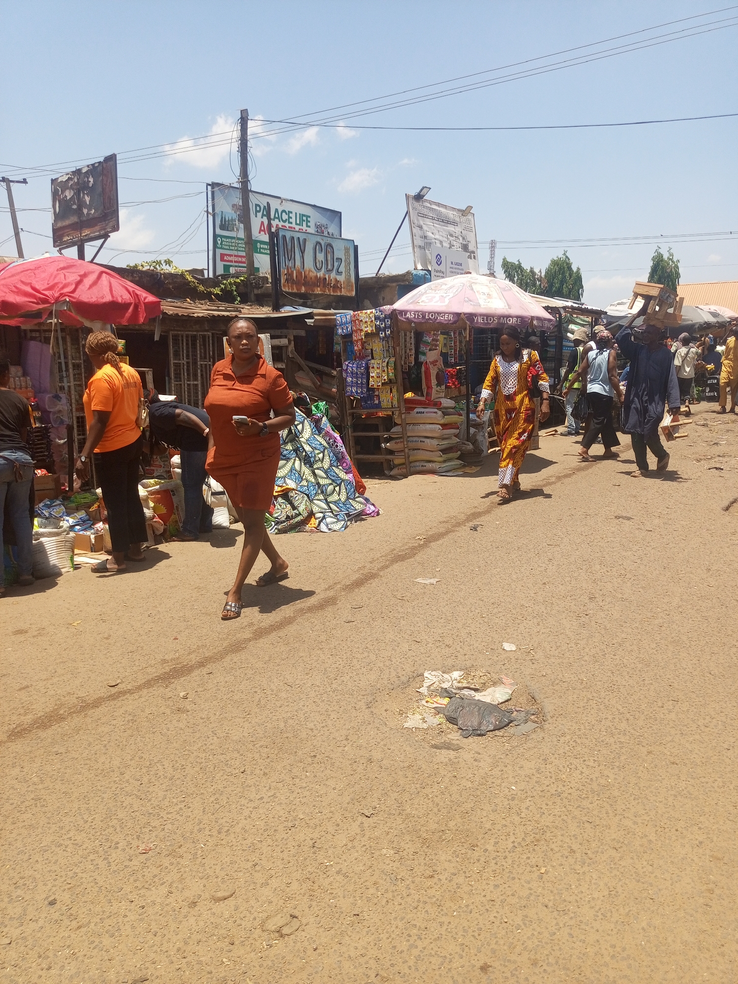 The image depicts a street scene in Sabon Tasha, Nigeria. The unpaved road shows signs of wear and litter. Pedestrians are present, including a woman in an orange dress looking at a phone, and another woman in a patterned yellow dress. Street vendors and makeshift stalls line the side of the road, covered by red and patterned umbrellas. Merchandise is visible, including bags of goods. Power lines cross overhead. Several signs are posted for “Palace Life Academy” and “MY CDz."