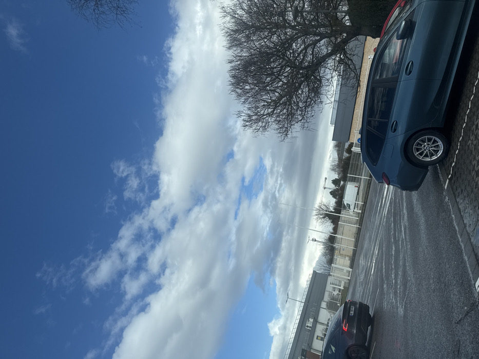 This image depicts an outdoor parking area in Oberhausbergen, France, under a partly cloudy sky with visible patches of blue. The foreground on the right shows the rear passenger side of a dark teal BMW 3 Series Touring, parked diagonally across a white-striped asphalt parking space. Behind it, a portion of a red vehicle is visible. To the left, a dark grey Tesla Model S (license plate EC-388-NQ) is parked facing away from the viewer on a wet asphalt surface. A large, bare deciduous tree with multiple branches occupies the mid-right. In the background, a modern grey building with a flat roof and dark upper section is visible behind a white security fence. Several light poles and a white van are also present behind the fence. Further in the distance, construction cranes are visible against the horizon line. No individuals are present in the scene.