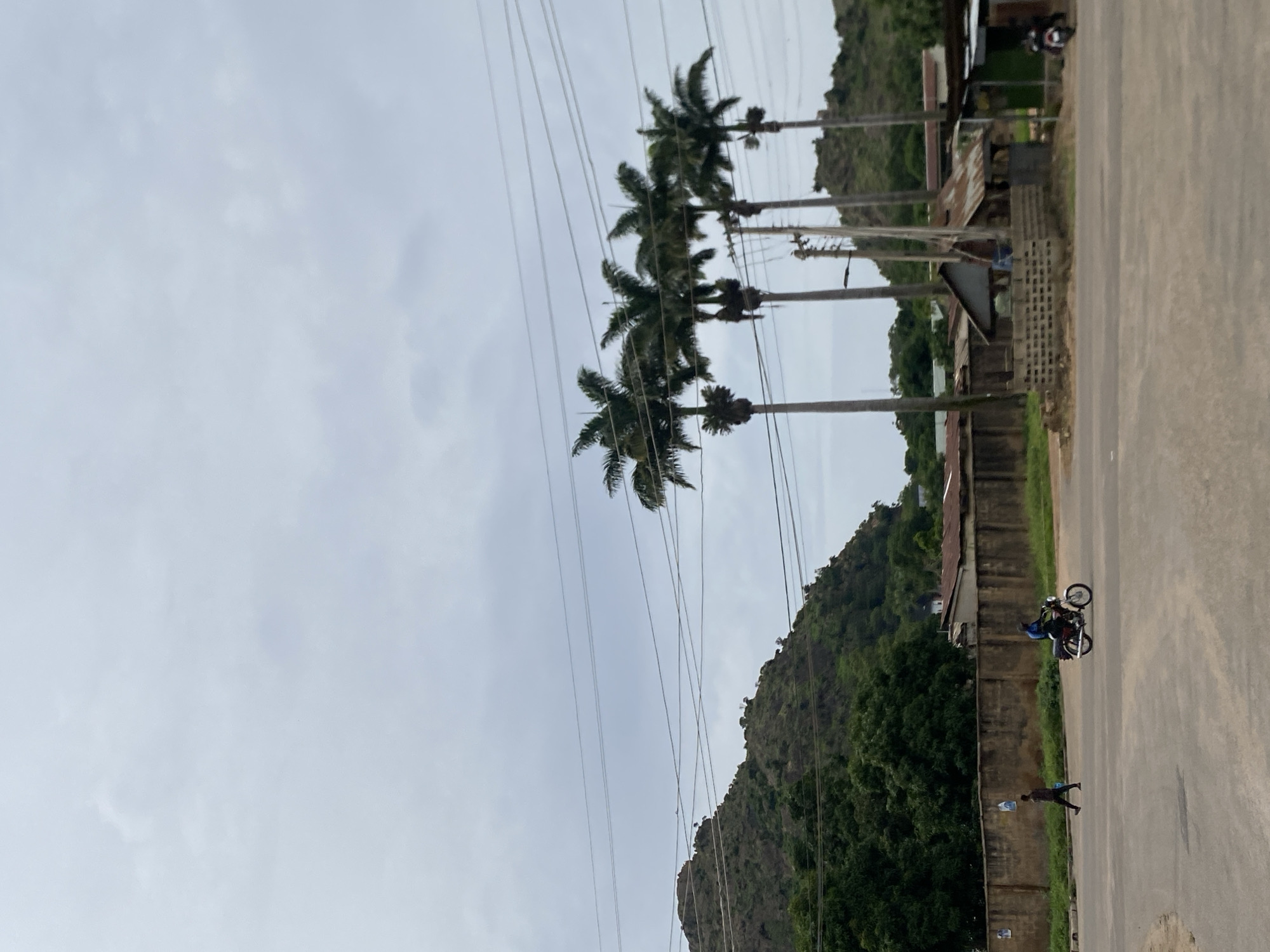 The image, captured in Jos, Nigeria, depicts a roadside scene under an overcast sky. In the foreground, a paved road runs diagonally across the frame. To the left of the road, a line of tall palm trees stands against the grey sky, interspersed with utility poles and wires. Behind the palm trees, a row of buildings with corrugated iron roofs suggests a built-up area bordering the natural landscape. Further in the background, a lush, green hillside or mountain rises, indicating a hilly terrain characteristic of Jos.
On the road, two individuals are visible. One person is riding a motorcycle, which is leaning to the side as if about to turn or park. Another person stands beside the road, seemingly interacting with the motorcycle rider or observing the scene. The presence of the motorcycle and the people suggest daily life and local transportation in the area. The overall atmosphere appears calm, with no indications of distress or urgency. The cloudy sky suggests it might be daytime, possibly late morning or afternoon, without direct sunlight. The architecture and vegetation are consistent with a tropical or sub-tropical climate.