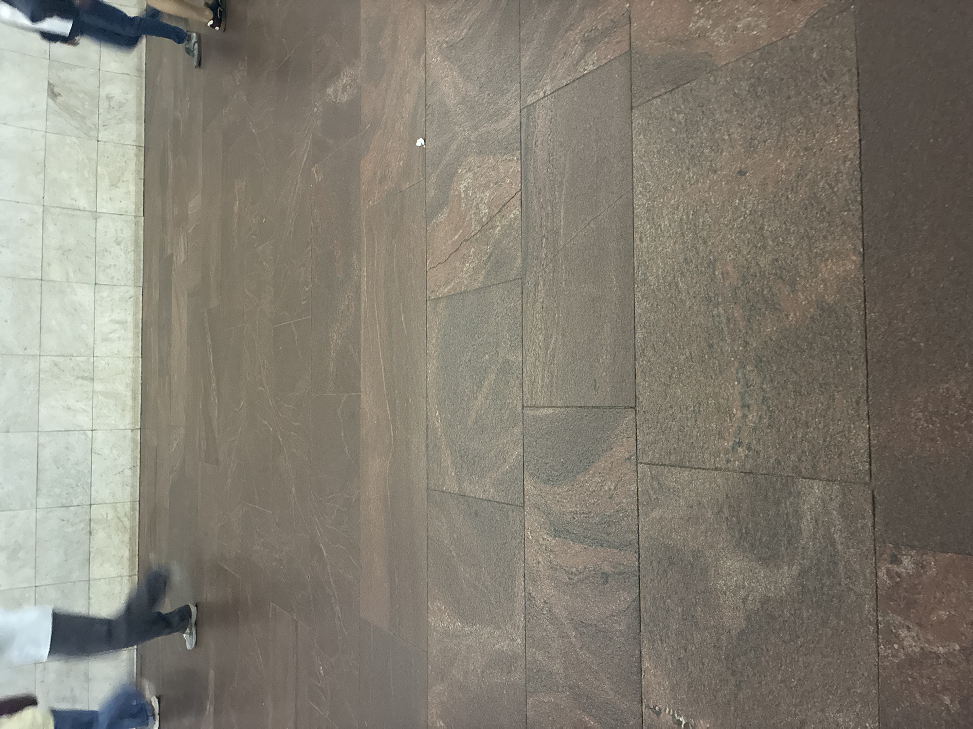 This is a vertical, medium shot of a floor in Moscow, Russia, showing two people walking on it. The floor is divided into two sections. The left section is tiled with square, light-colored tiles, possibly marble or a similar stone, with visible grout lines. The right section is paved with rectangular, dark-colored stone tiles, possibly granite, exhibiting a mottled pattern of brown, grey, and reddish hues. The lighting suggests it is daytime, likely indoors, as there are no strong shadows or direct sunlight visible. The overall atmosphere is neutral, with no clear indication of the time of day or weather. The people are not clearly defined, appearing as blurs of clothing, but their legs and feet are visible as they move across the floor. One person on the left is wearing dark pants and light shoes, and the other on the right has on dark pants and sneakers. The scene is static, focused on the floor and the act of walking. No text is visible in the image.