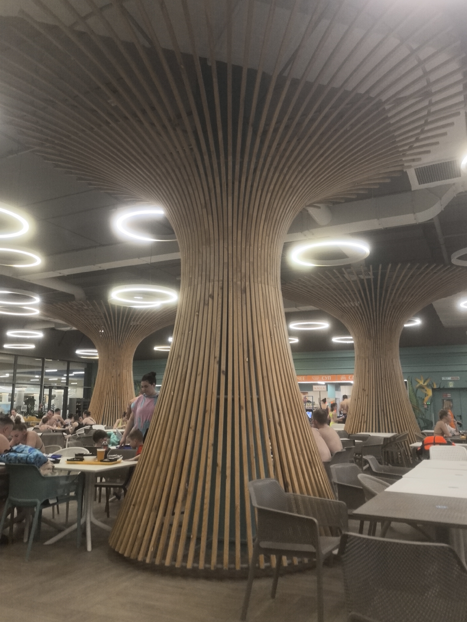 The image shows the interior of a large, busy dining area with unusual architectural features in Nizhny Novgorod, Russia. The location appears to be a part of a water park, suggested by the swimwear worn by some patrons. The space is punctuated by several large, stylized tree-like structures that reach the ceiling. These structures are made of vertical wooden slats or beams and are wider at the top, creating a canopy-like effect.
The lighting consists of circular, glowing LED fixtures arranged in patterns on the ceiling. The floor is a light neutral color.
The tables and chairs are simple in design, primarily featuring neutral tones. People are seated at many of the tables, eating, drinking, and conversing. These are people of various ages and ethnicities. Most are dressed casually.