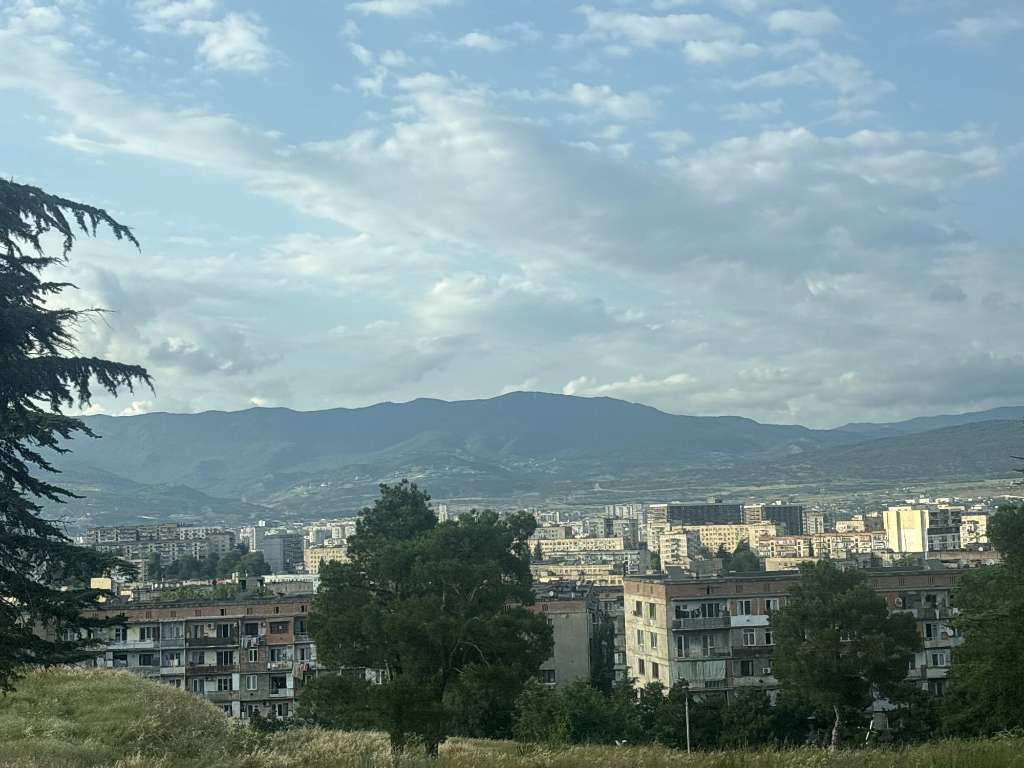 This is a landscape photograph taken in Tbilisi, Georgia, offering a view of a densely populated urban area nestled against a backdrop of rolling mountains. The foreground is dominated by lush green grass and the branches of a large evergreen tree, partially obscuring the view and adding depth to the scene.
The main subject of the image is the sprawling cityscape. Numerous apartment buildings, many of them appearing to be Soviet-era architecture with their utilitarian design and concrete facades, fill the mid-ground. Some of these buildings are taller and more modern, interspersed with older, lower-rise structures. The density of the buildings suggests a large urban center.
In the distance, majestic mountains rise, their slopes covered in greenery, indicating a natural landscape bordering the city. The sky above is a mixture of blue and white clouds, suggesting partly cloudy weather. The lighting indicates it is likely daytime, possibly late afternoon or early morning given the soft light and the shadows cast. There are no visible people or specific activities taking place, making it a static, observational shot of the urban environment and its natural surroundings. The overall impression is one of a vibrant city coexisting with a powerful natural landscape, with the architectural styles hinting at the city's historical development.