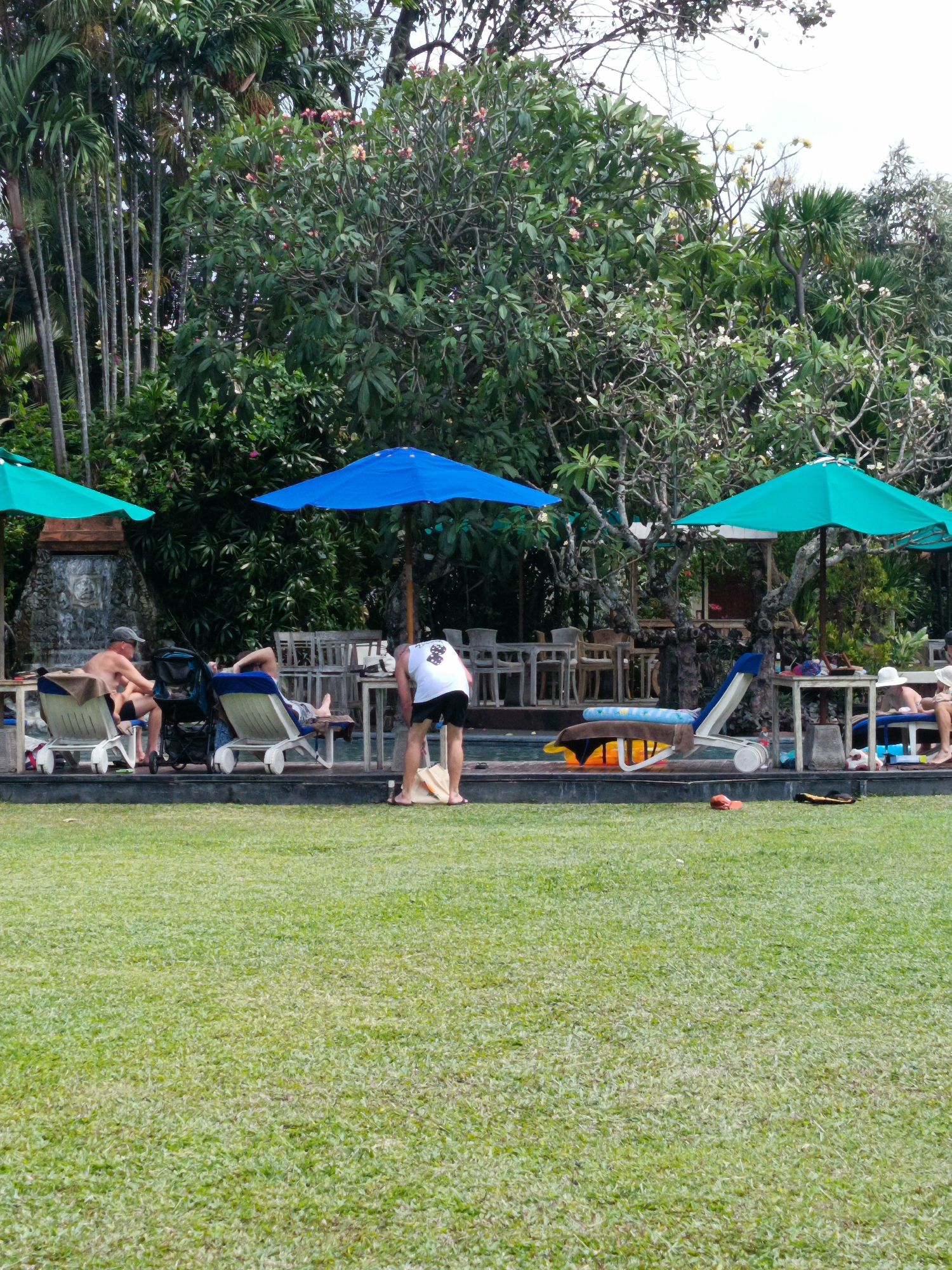 The image depicts a resort in Kuta, Indonesia, featuring a poolside area with guests and lush tropical vegetation. In the foreground, a vibrant green lawn stretches towards a dark-colored stone wall bordering a swimming pool. Several lounge chairs are placed around the pool.
On the left side of the pool, two men are relaxing on lounge chairs. One man, wearing a grey cap and black shorts, is partially visible, facing away from the camera. Beside him, another man, also in black shorts, is lying on a lounge chair. A baby stroller is positioned between them.
A man in a white tank top and black shorts is standing by the pool, bent over, facing a bag on the ground. In the background, several large umbrellas, one blue and two teal, provide shade over seating areas. Tables and chairs are visible behind the umbrellas.
The environment is characterized by dense, tropical foliage, including tall palm trees and flowering trees with pink and white blossoms. The overall atmosphere suggests a relaxed vacation setting.
