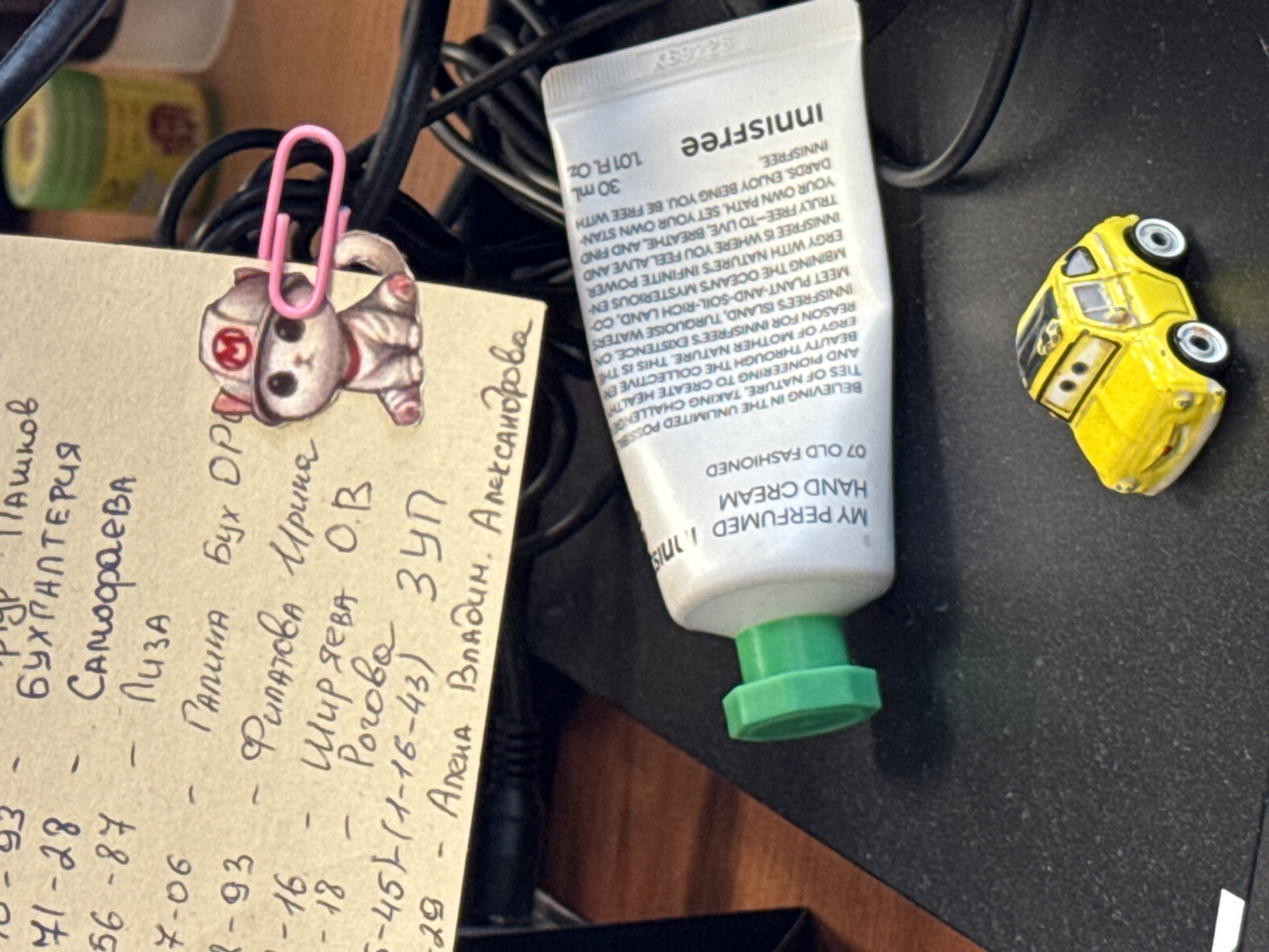 The image presents a close-up, slightly angled view of a cluttered desk surface, likely indoors. The primary subjects include a piece of light-brown paper secured by a pink paperclip, which holds a small, illustrative cut-out of a cat-like figure wearing a uniform. To the right of the paper, a white tube of "innisfree" brand hand cream with a green cap is prominently displayed. Further to the right, a small, overturned yellow toy car, resembling a Volkswagen Beetle, is visible. Several black cables are scattered across the background and midground.
No specific activity is taking place; the scene depicts an everyday, personal workspace. The lighting suggests an indoor setting, possibly under artificial light.
Notable details include the handwritten notes in Russian on the paper, which list names and what appear to be job titles or departments. Text such as "БУХГАЛТЕРИЯ" (Accounting), "Бух Ор" (Accountant), and "ЗУП" (Payroll) can be identified. Names like Пашков, Самофаева, Лиза, Галина Бух Ор, Филатова Ирина, Ширяева О.В., Рогова ЗУП, and Алена Владим. Александрова are legible, along with associated numbers that could be extensions or identifiers (e.g., 71-28, 56-87, 7-06). The hand cream tube's label features "innisfree," "30 mL," "1.01 FL Oz," "MY PERFUMED HAND CREAM," and "07 OLD FASHIONED." A more extensive English text on the tube describes the brand's philosophy, focusing on nature, the "infinite power" of Innisfree island, and encouraging individuals to "live, breathe, and find your own path." The yellow toy car is depicted upside down, with its wheels and chassis visible.