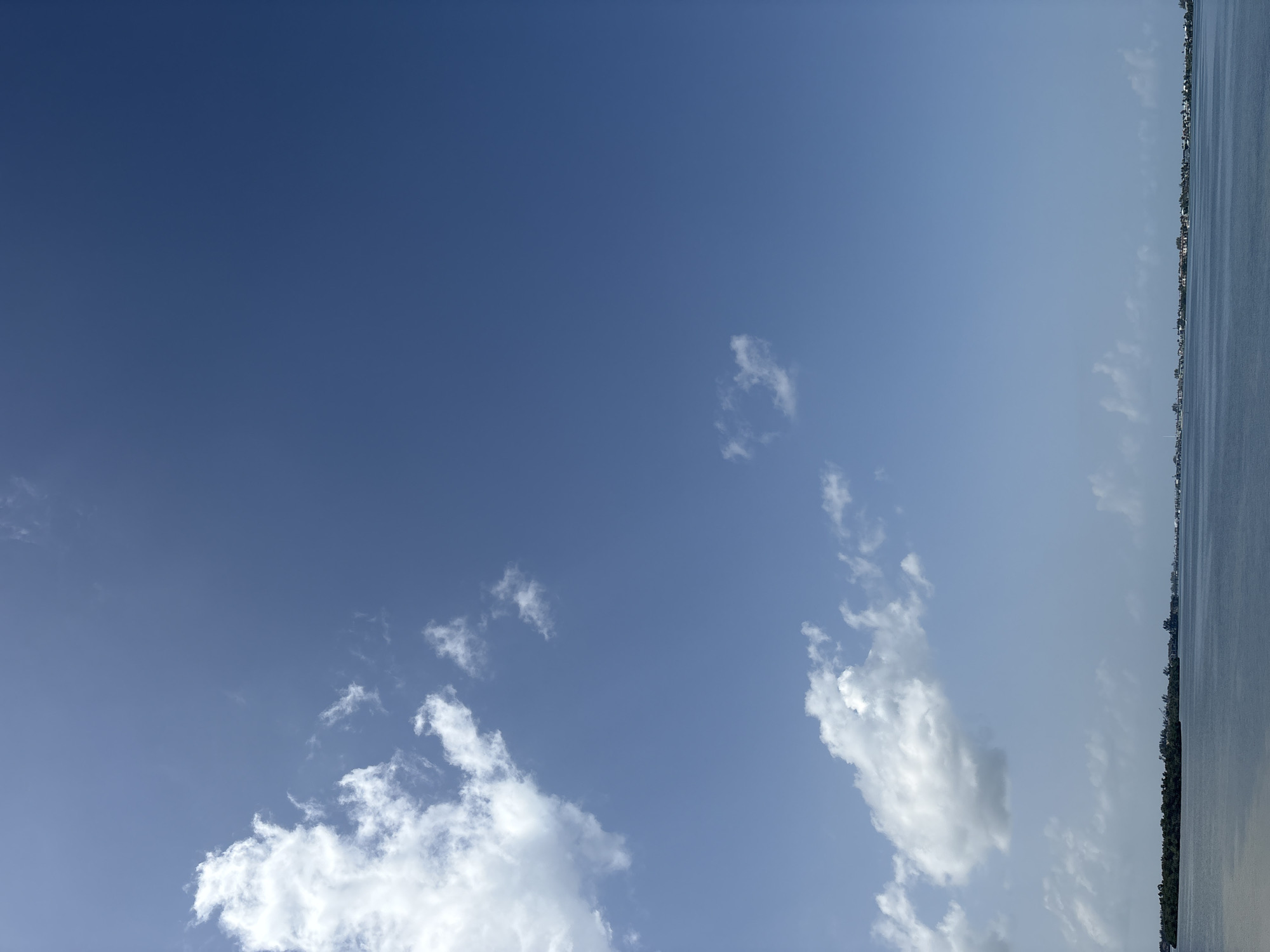 The image shows a wide expanse of calm, blue water under a clear, bright blue sky dotted with fluffy white clouds. In the distance, a low-lying landmass is visible, featuring a dense line of green trees and a scattered settlement of buildings along the shoreline. The overall scene evokes a sense of peace and natural beauty. The location is identified as Bradenton, Florida, USA.