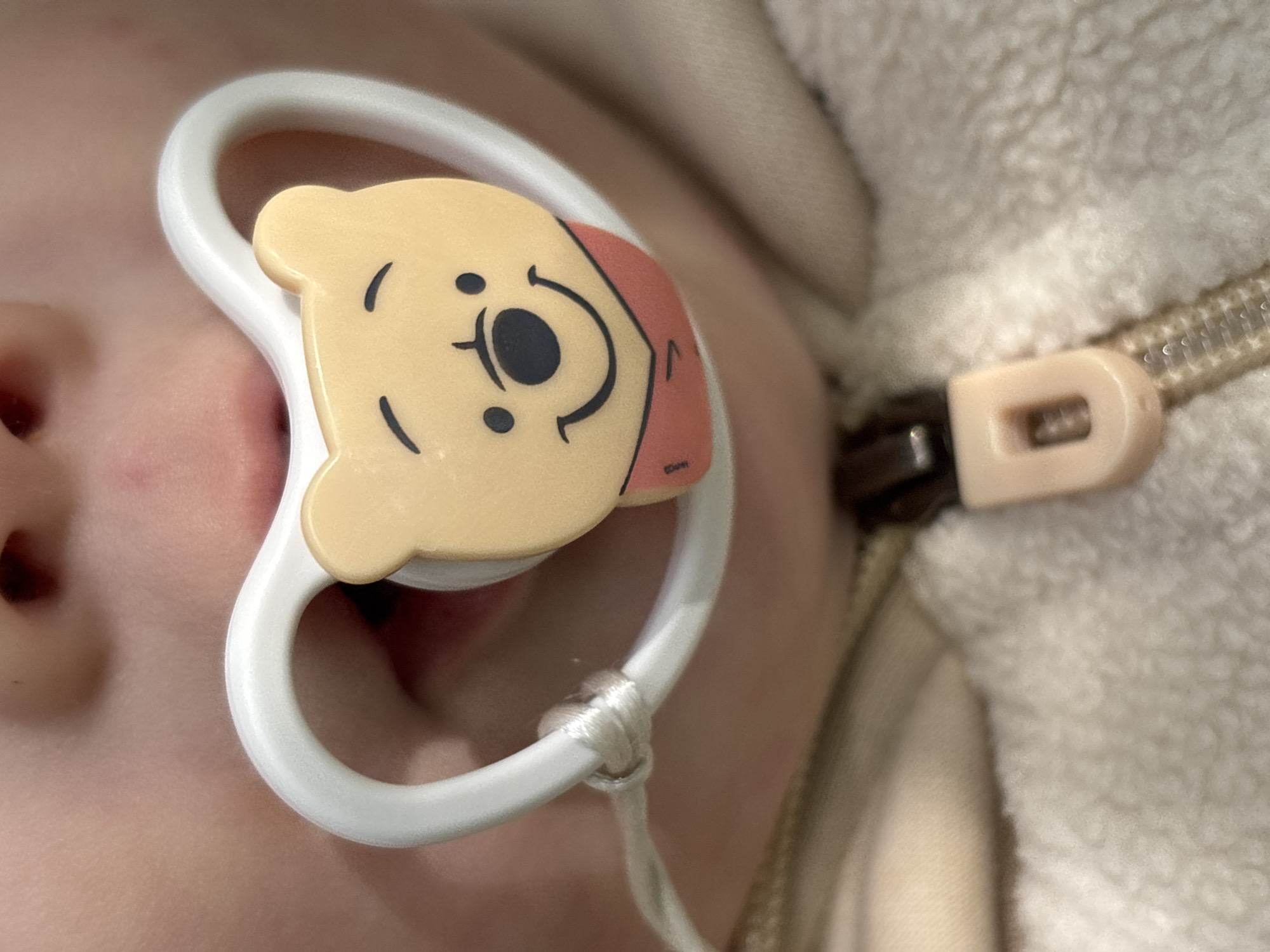 A close-up image shows a baby's face with a Winnie-the-Pooh pacifier in their mouth. The pacifier is white with a yellow Pooh face. A white string is attached to the pacifier ring. To the right of the baby's face is a fuzzy, light-colored garment with a zipper. The zipper pull is a light peach color and has a rectangular opening. The skin around the baby's nose and mouth is visible. There is no indication of the location being in Мещёры, Russia.